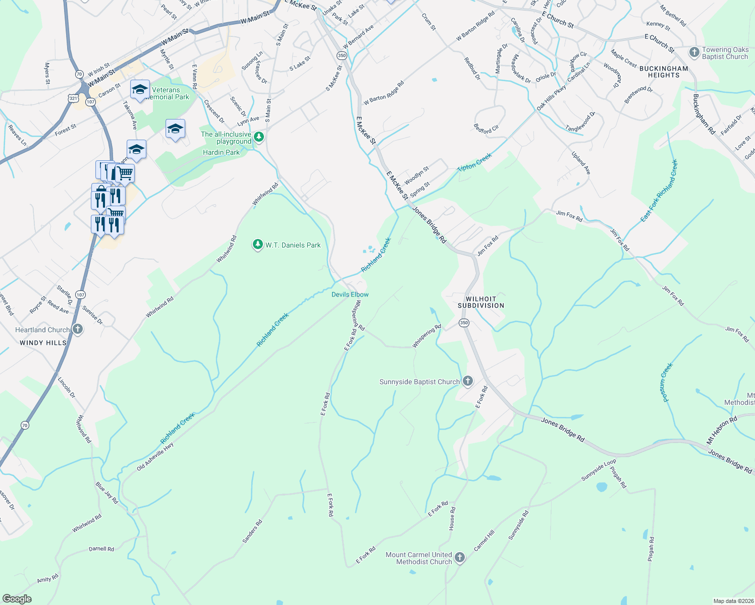 map of restaurants, bars, coffee shops, grocery stores, and more near 135 Whispering Ridges Road in Greeneville