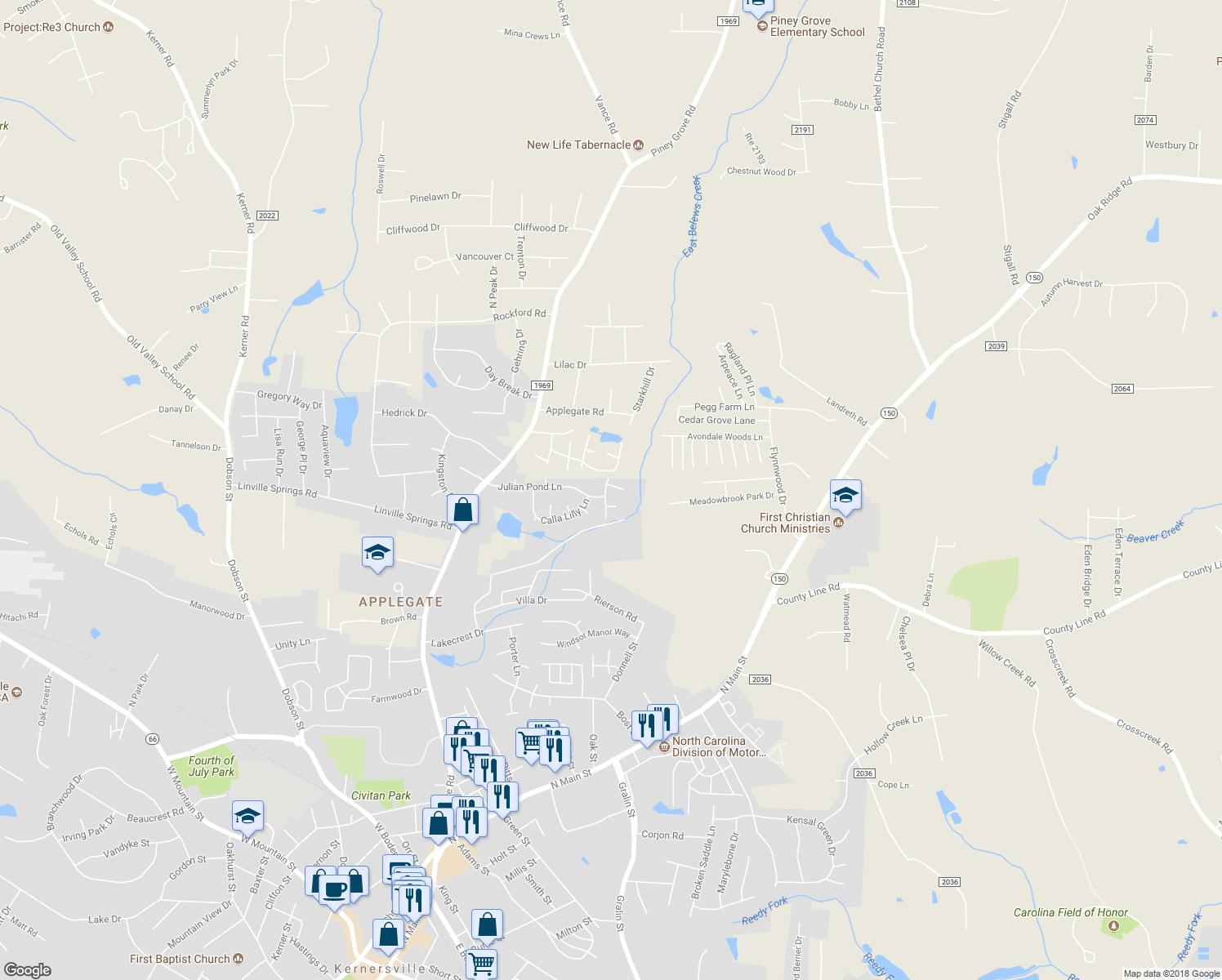 map of restaurants, bars, coffee shops, grocery stores, and more near 304 Tanner Court in Kernersville