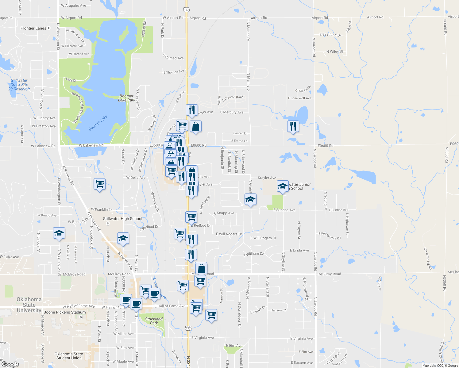 map of restaurants, bars, coffee shops, grocery stores, and more near 927 East Krayler Avenue in Stillwater