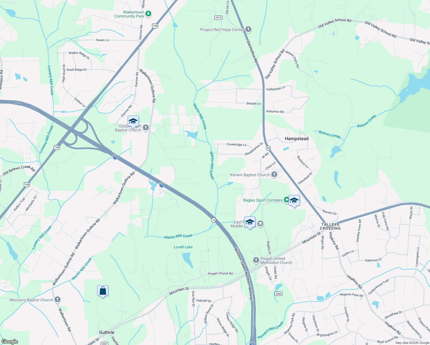 map of restaurants, bars, coffee shops, grocery stores, and more near 4995 Ches Ln in Kernersville