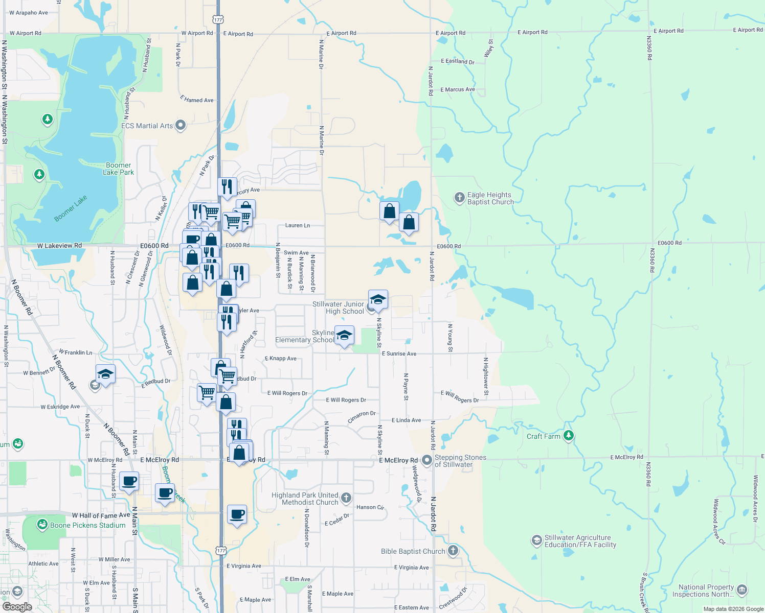 map of restaurants, bars, coffee shops, grocery stores, and more near 1917 N Skyline St in Stillwater