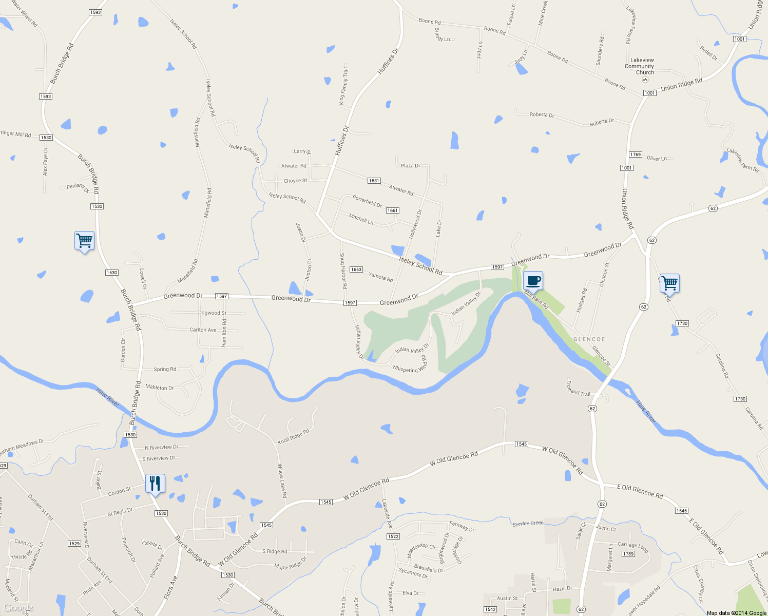 map of restaurants, bars, coffee shops, grocery stores, and more near 810 Greenwood Drive in Burlington