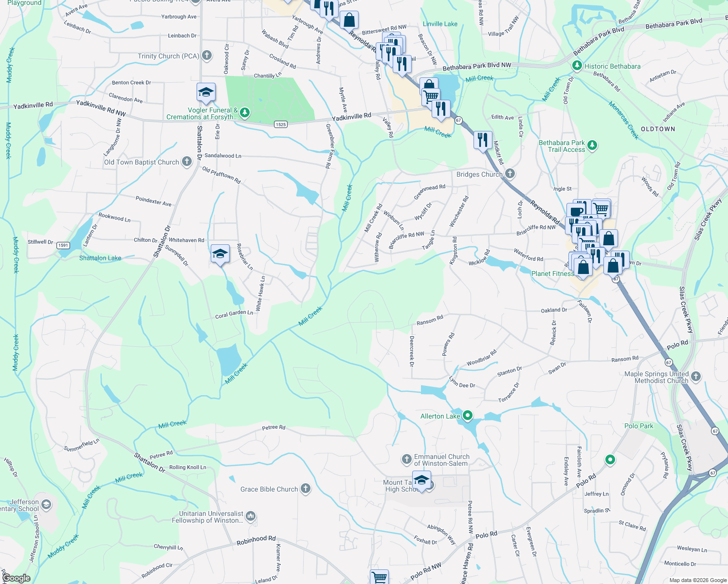 map of restaurants, bars, coffee shops, grocery stores, and more near 4360 Witherow Road in Winston-Salem