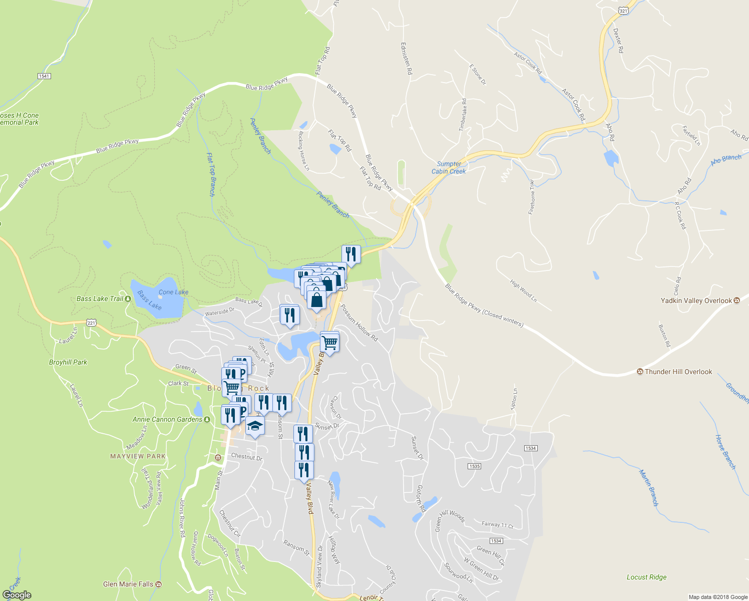 map of restaurants, bars, coffee shops, grocery stores, and more near 167 Elliott Circle in Blowing Rock