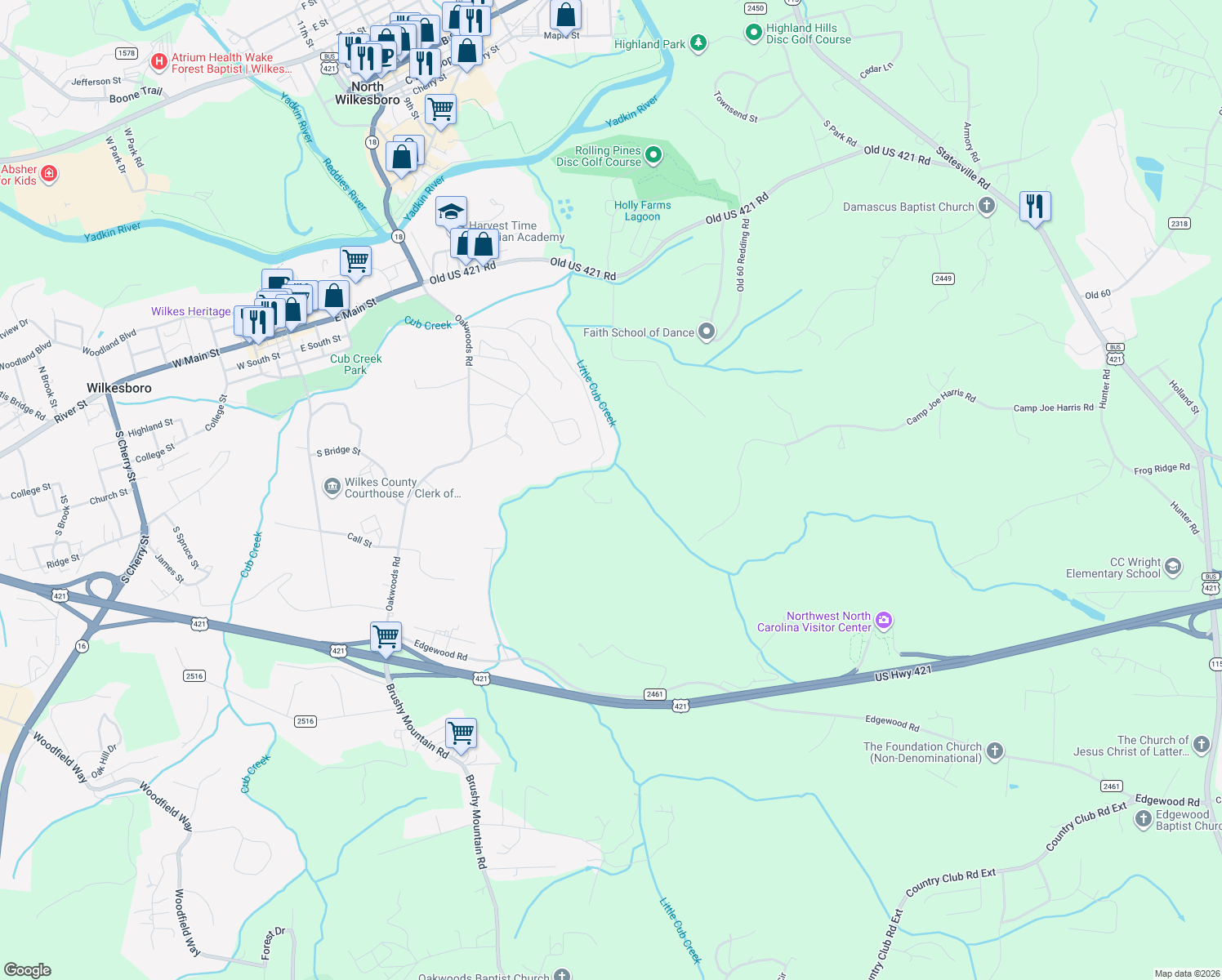 map of restaurants, bars, coffee shops, grocery stores, and more near 251 Rousseau Farm Road in North Wilkesboro