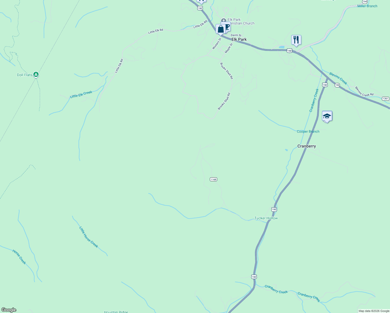 map of restaurants, bars, coffee shops, grocery stores, and more near 1056 Brooks Shell Road in Elk Park