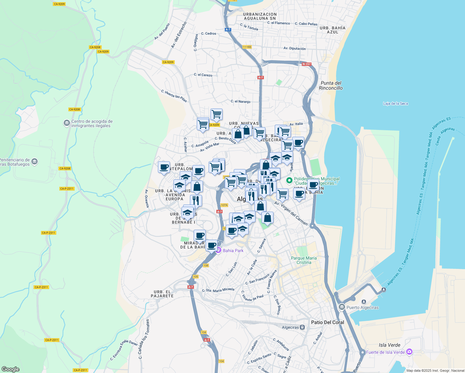 map of restaurants, bars, coffee shops, grocery stores, and more near 9 Calle Verdiales in Algeciras