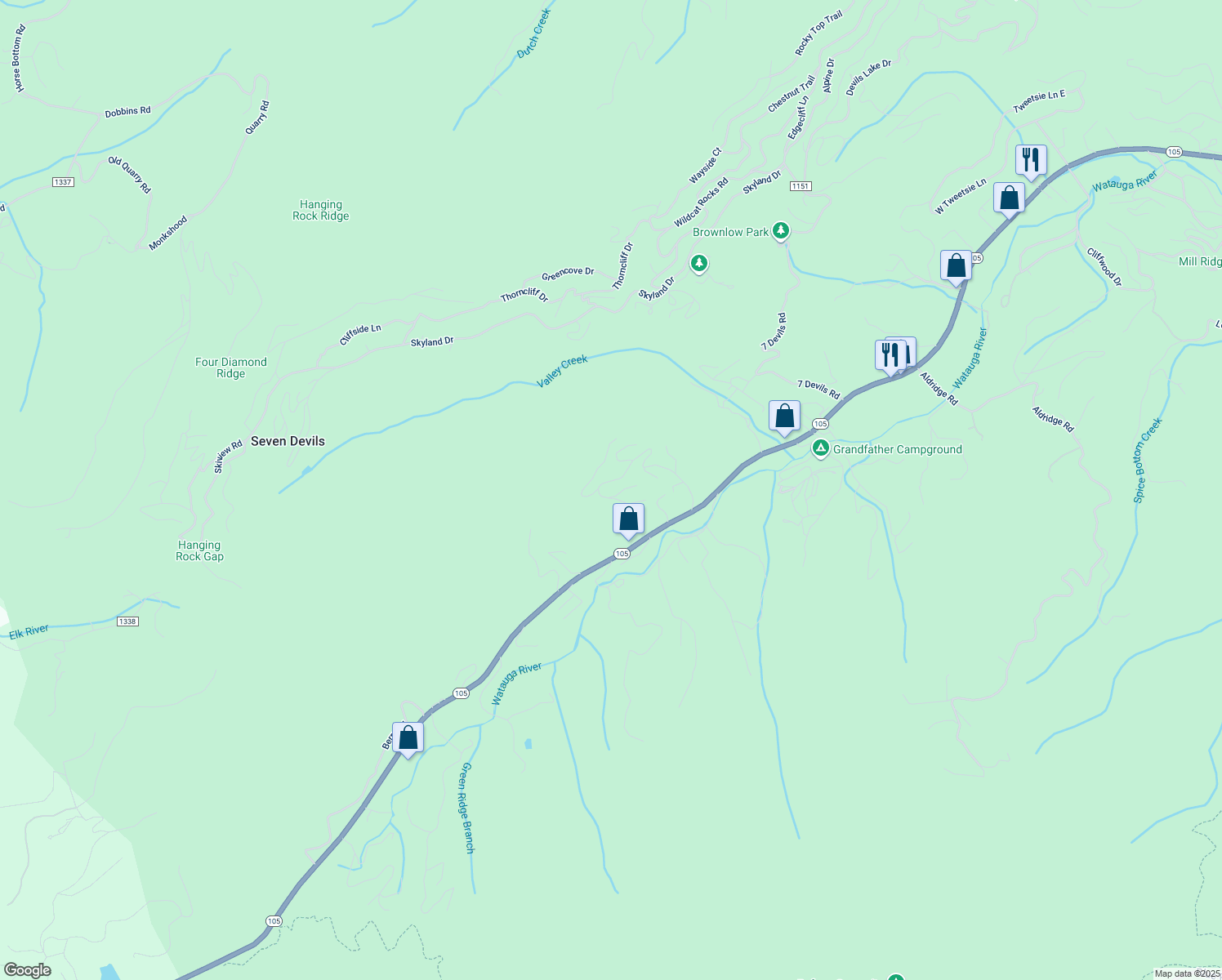 map of restaurants, bars, coffee shops, grocery stores, and more near 671 Grandfather Farms Road in Banner Elk