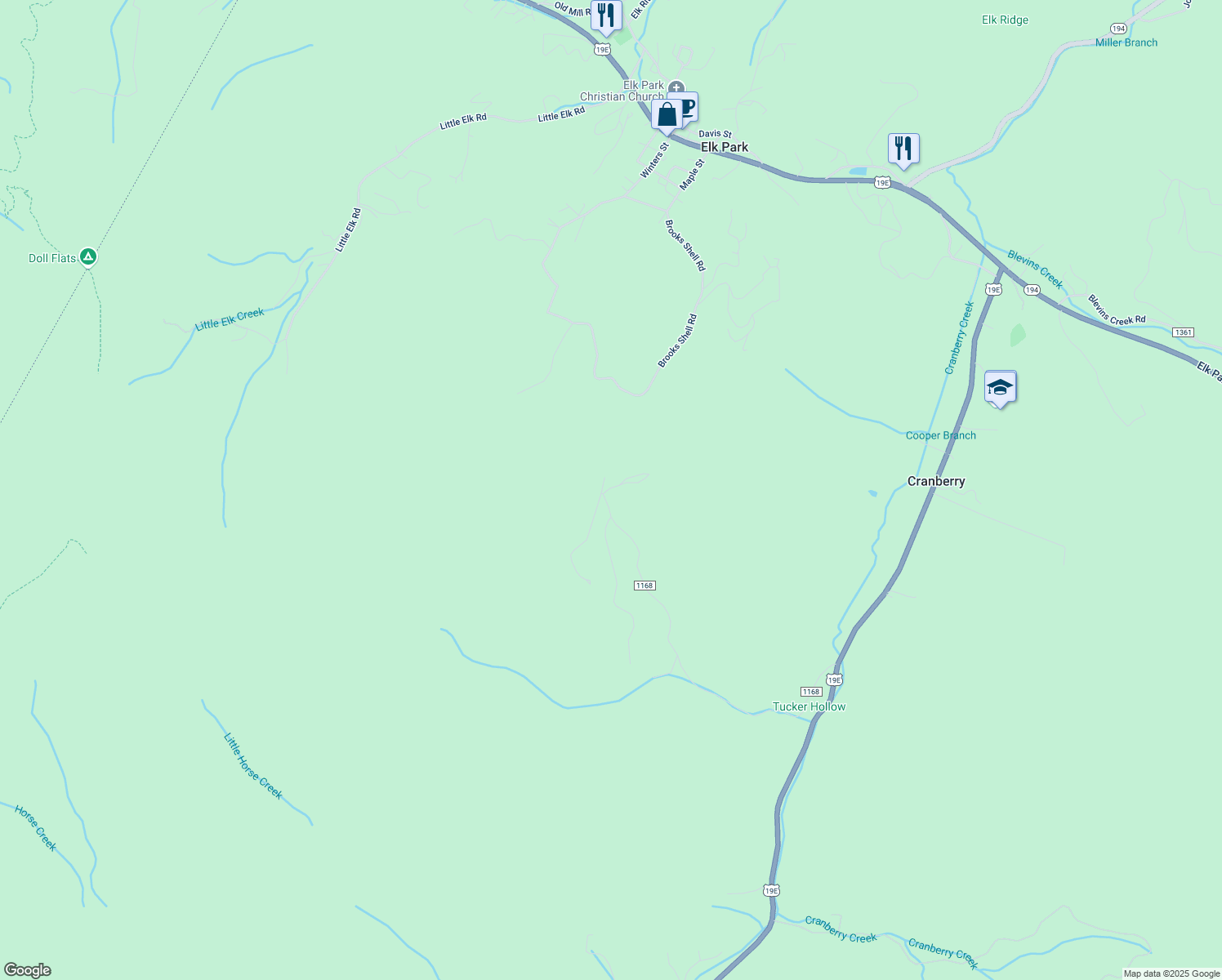 map of restaurants, bars, coffee shops, grocery stores, and more near 1056 Brooks Shell Road in Elk Park