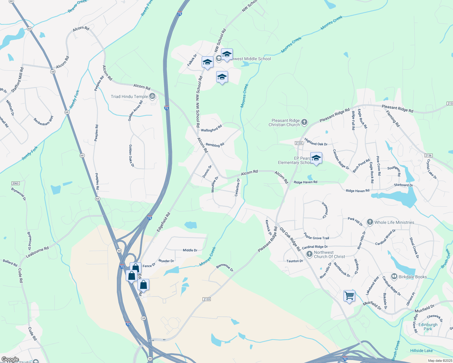 map of restaurants, bars, coffee shops, grocery stores, and more near 7305 Alcorn Road in Greensboro