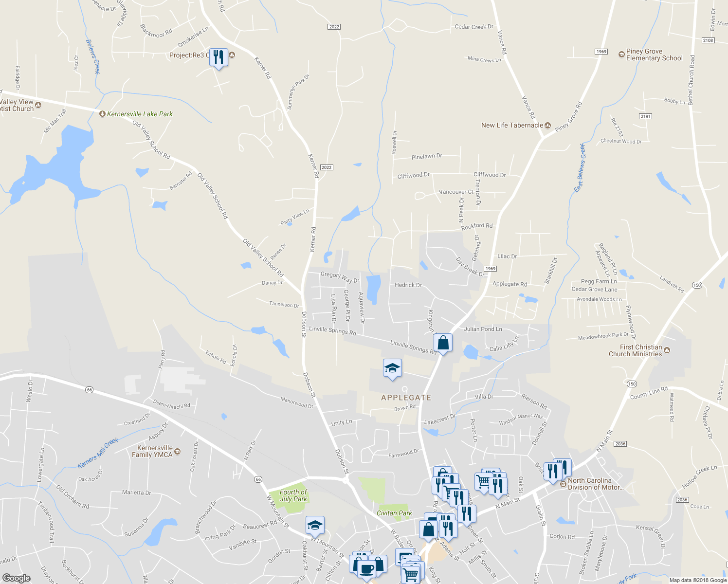 map of restaurants, bars, coffee shops, grocery stores, and more near 936 Aquaview Drive in Kernersville