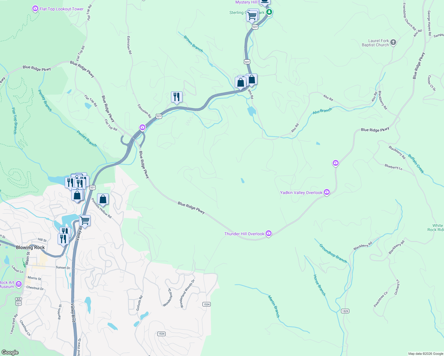 map of restaurants, bars, coffee shops, grocery stores, and more near 159 Bluff Edge Trail in Blowing Rock