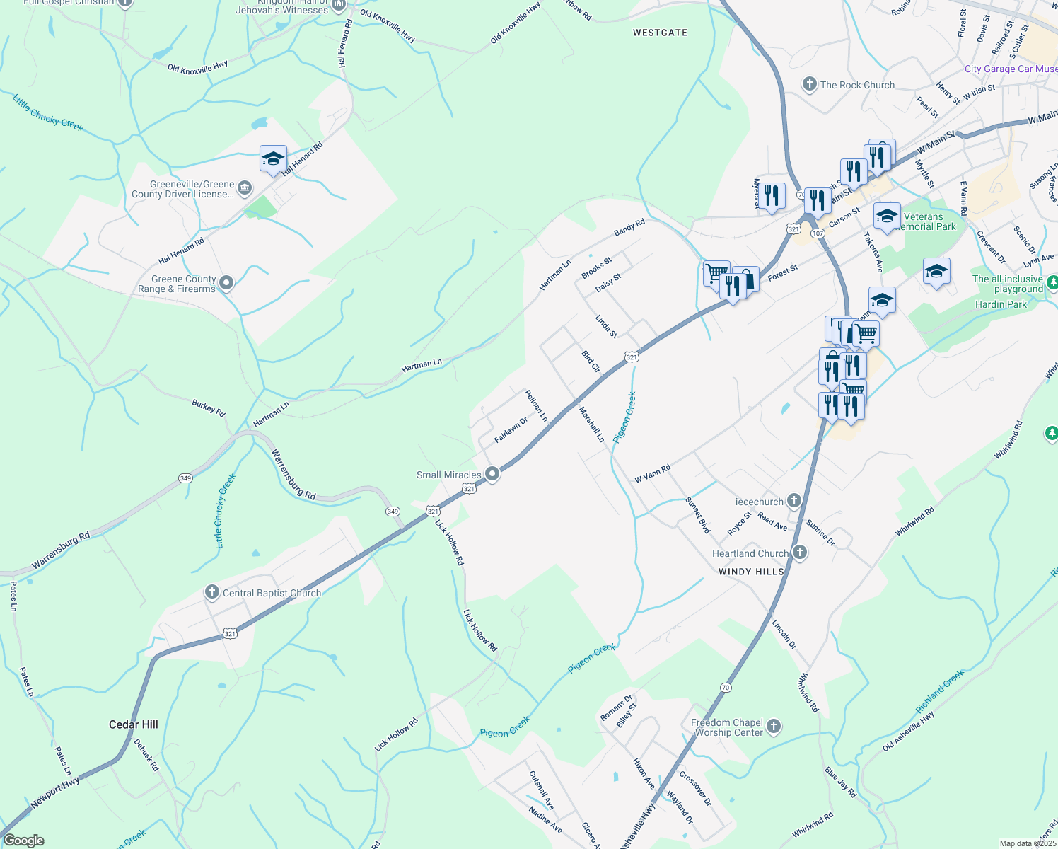 map of restaurants, bars, coffee shops, grocery stores, and more near 2005 Fairlawn Drive in Greeneville