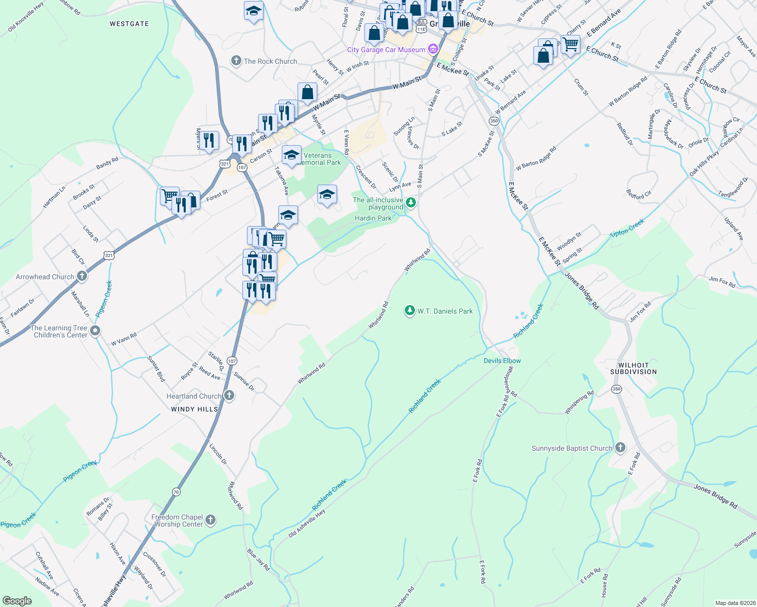 map of restaurants, bars, coffee shops, grocery stores, and more near 390 Whirlwind Road in Greeneville