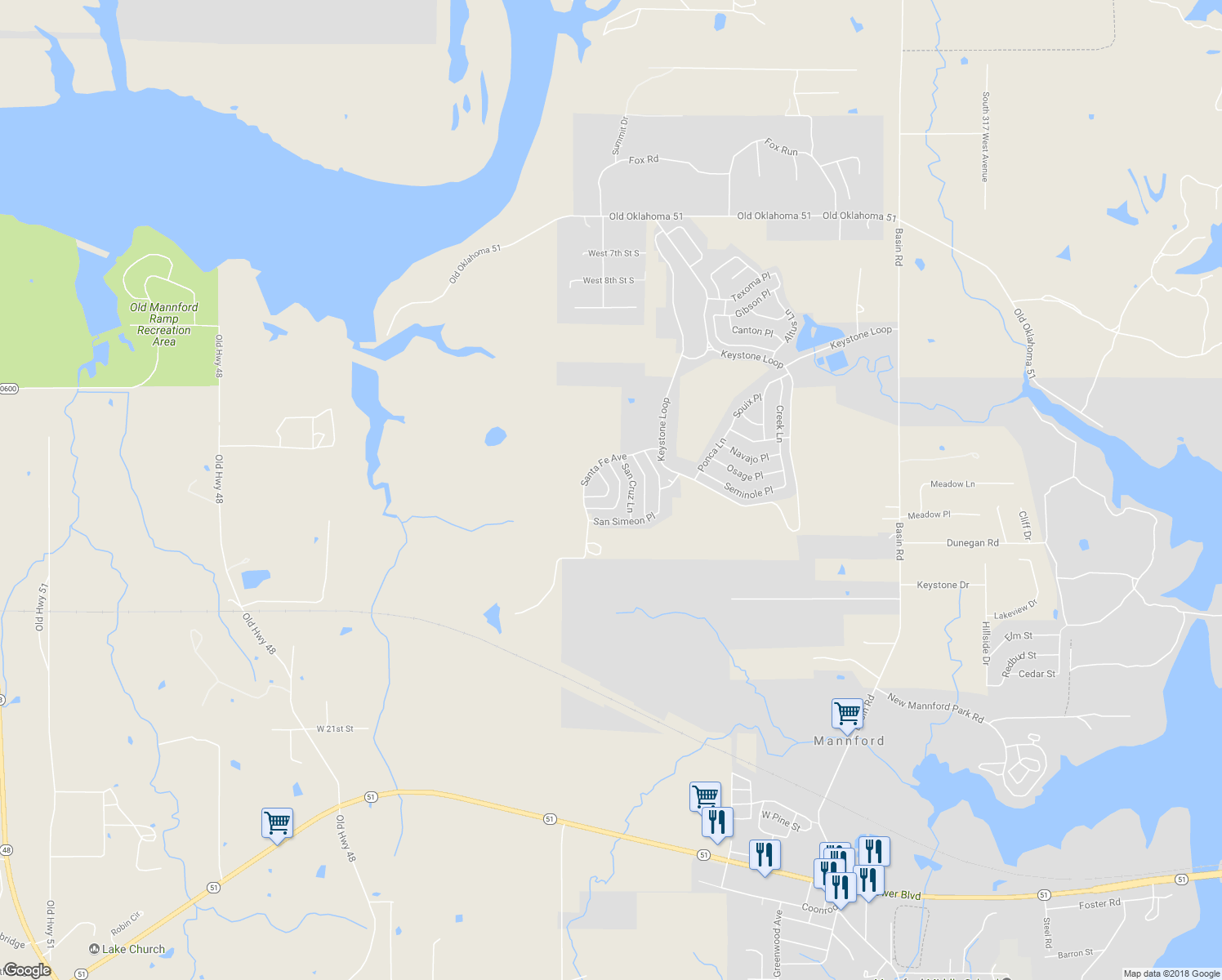 map of restaurants, bars, coffee shops, grocery stores, and more near 309 San Juan Lane in Mannford