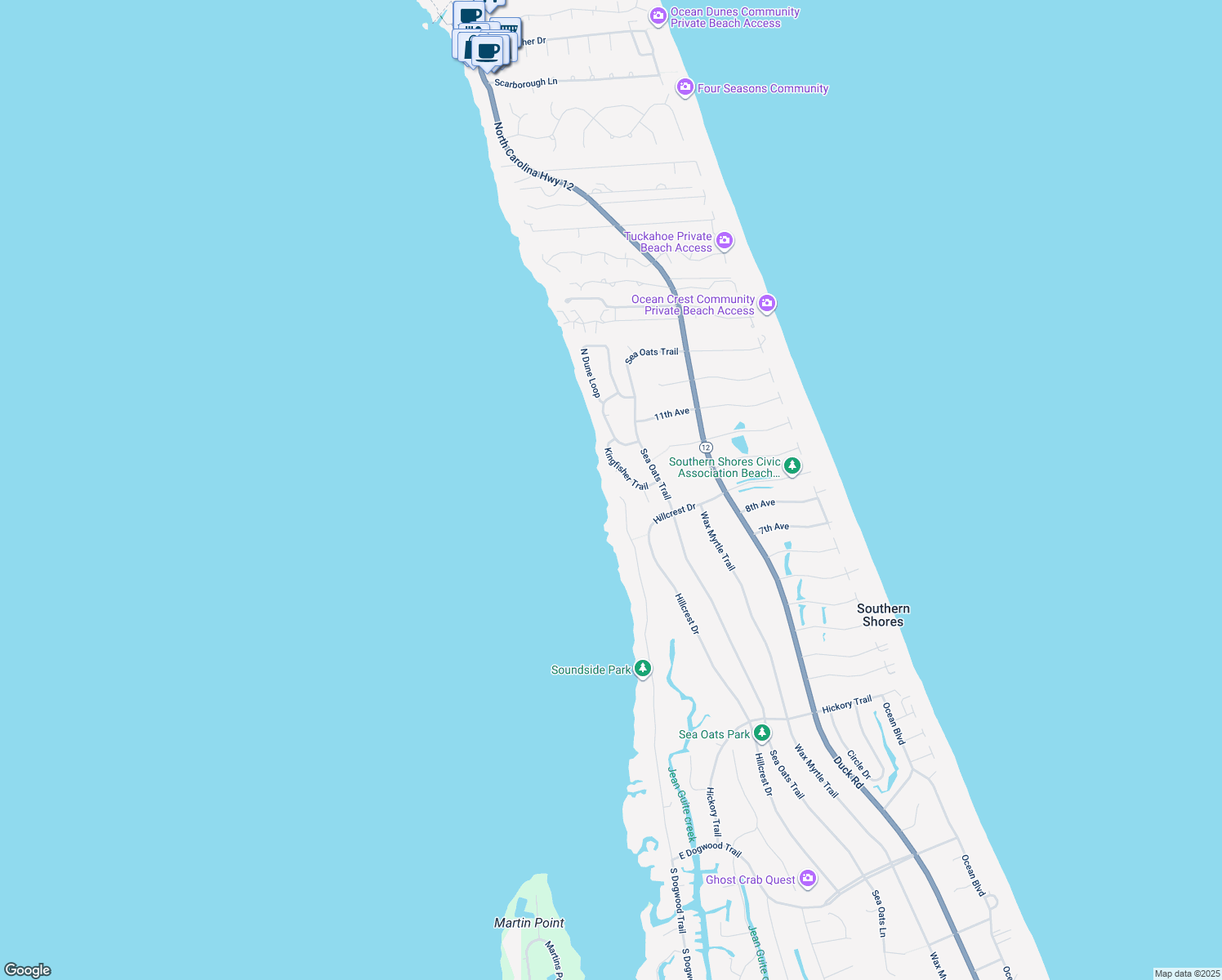 map of restaurants, bars, coffee shops, grocery stores, and more near 341 North Dogwood Trail in Kitty Hawk