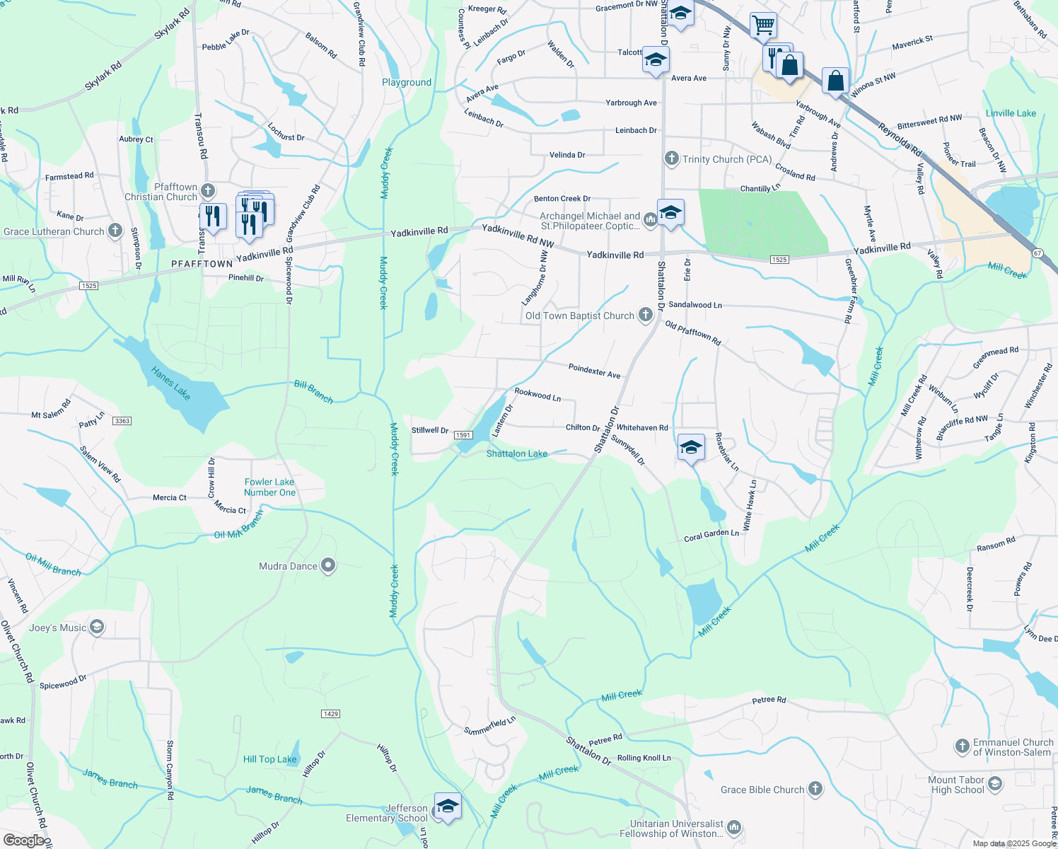 map of restaurants, bars, coffee shops, grocery stores, and more near 3975 Chilton Drive in Winston-Salem