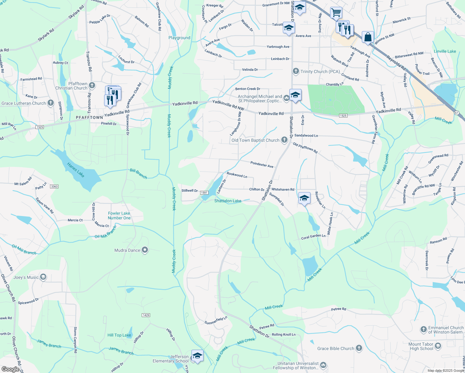 map of restaurants, bars, coffee shops, grocery stores, and more near 3975 Chilton Drive in Winston-Salem