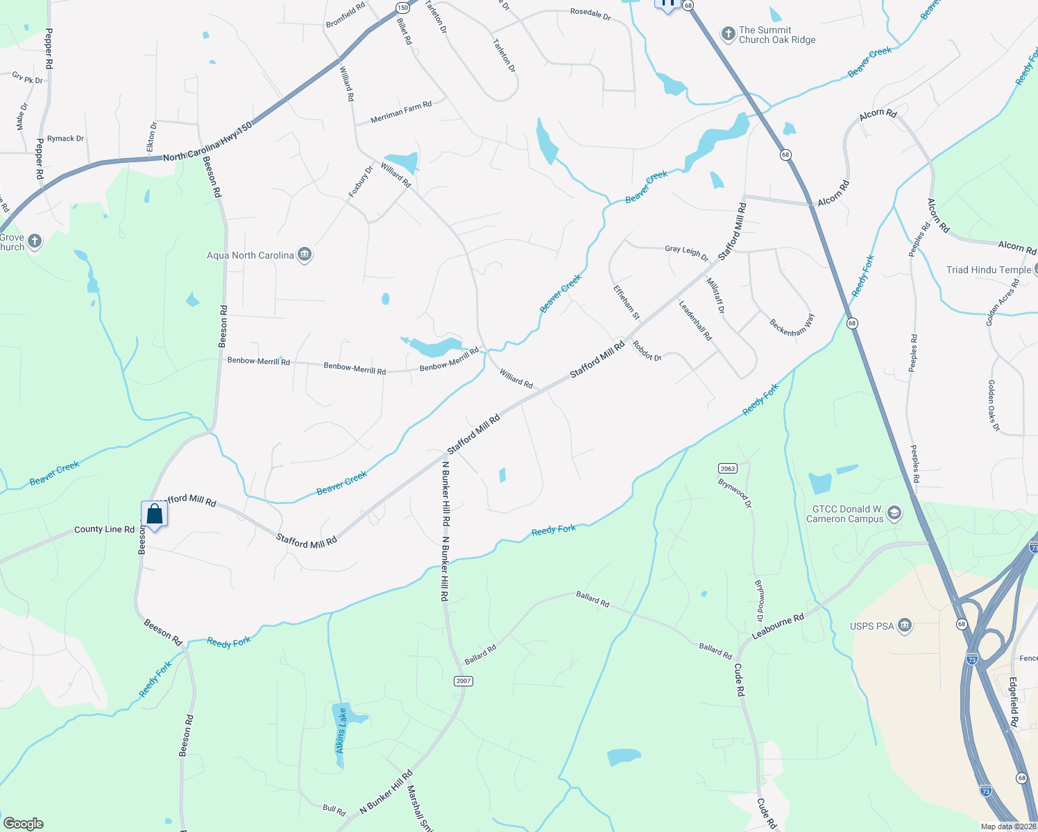 map of restaurants, bars, coffee shops, grocery stores, and more near 8305 Stafford Mill Road in Oak Ridge