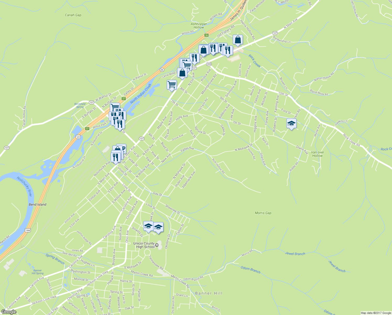 map of restaurants, bars, coffee shops, grocery stores, and more near 410 North Mohawk Drive in Erwin