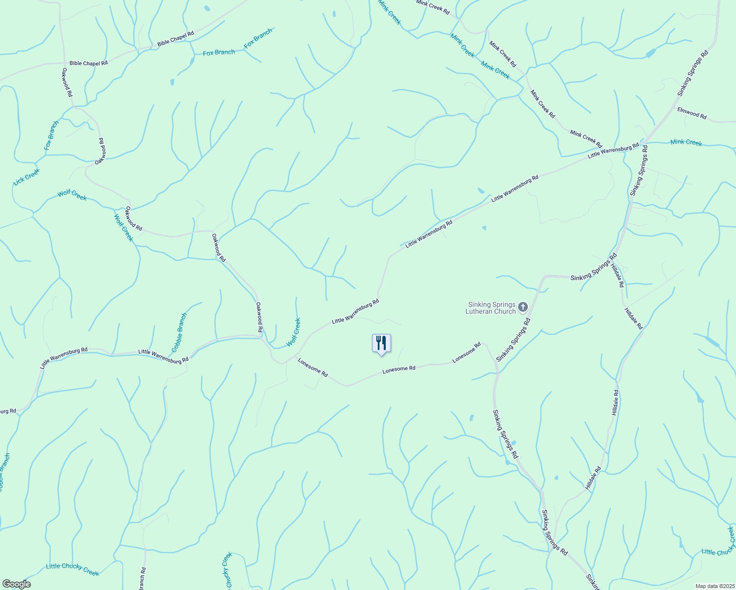 map of restaurants, bars, coffee shops, grocery stores, and more near 1640 Little Warrensburg Road in Midway