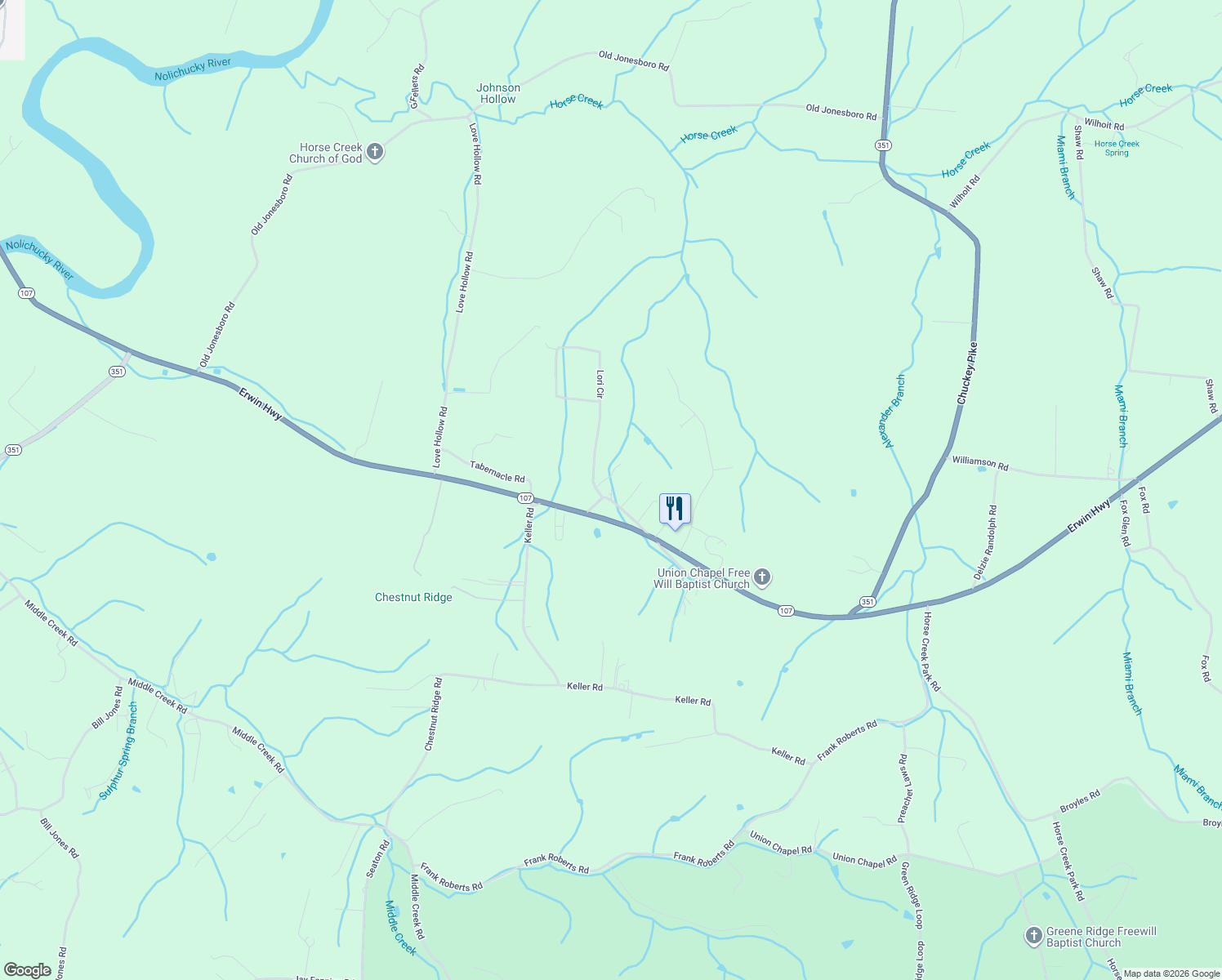 map of restaurants, bars, coffee shops, grocery stores, and more near 115 Laurel Estates Circle in Chuckey