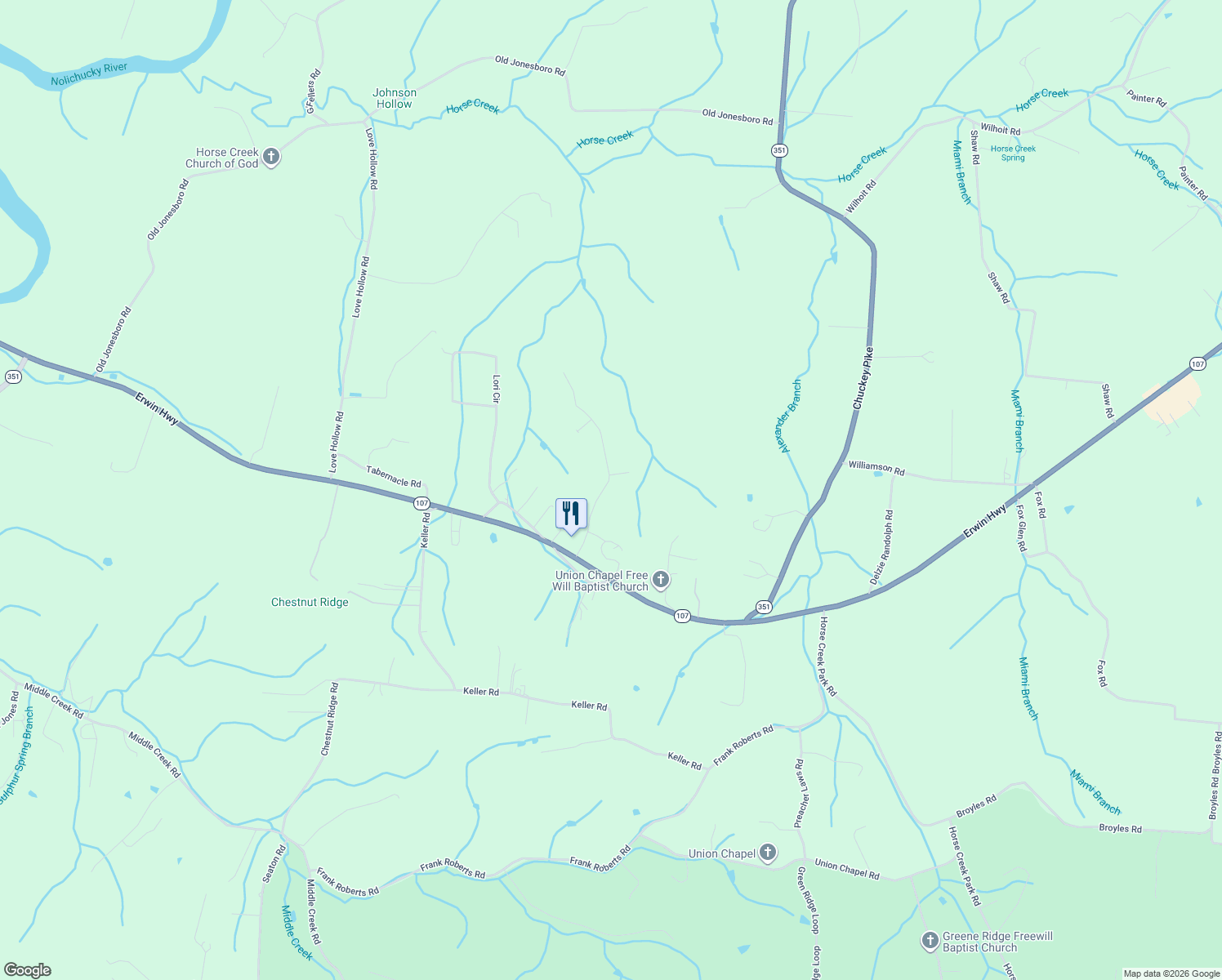 map of restaurants, bars, coffee shops, grocery stores, and more near 208 Katie Lane in Chuckey