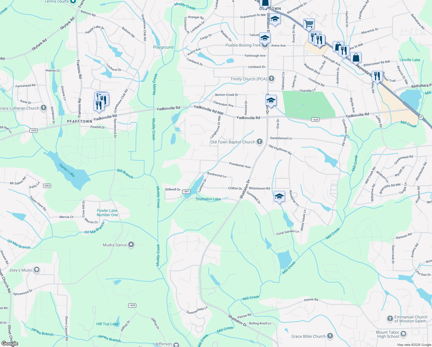 map of restaurants, bars, coffee shops, grocery stores, and more near 3949 Rookwood Lane in Winston-Salem