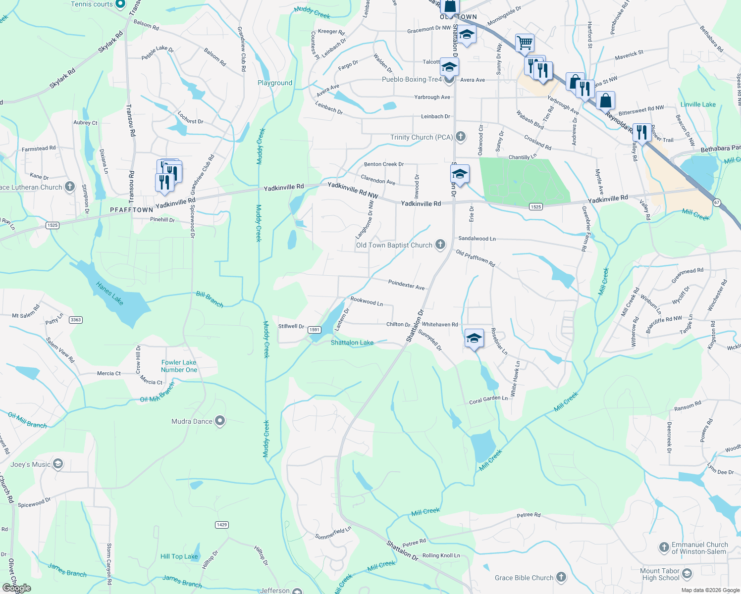 map of restaurants, bars, coffee shops, grocery stores, and more near 3949 Rookwood Lane in Winston-Salem