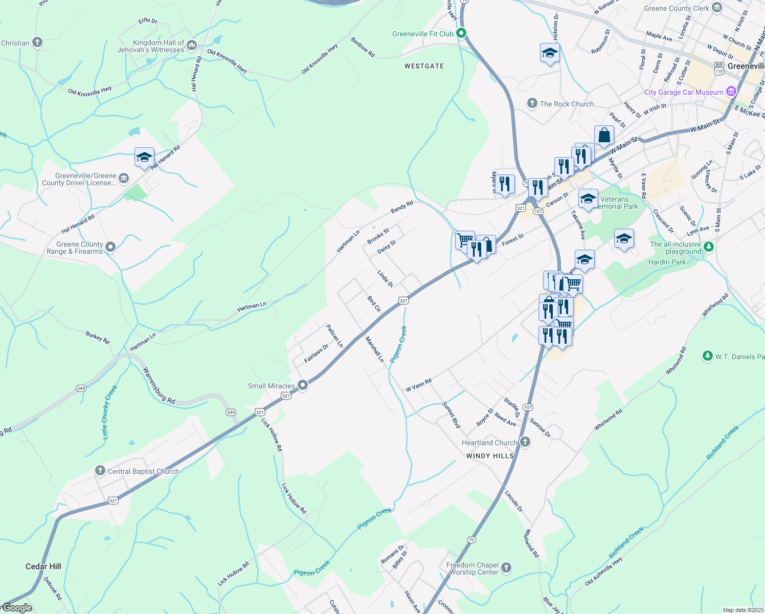 map of restaurants, bars, coffee shops, grocery stores, and more near 1622 West Main Street in Greeneville