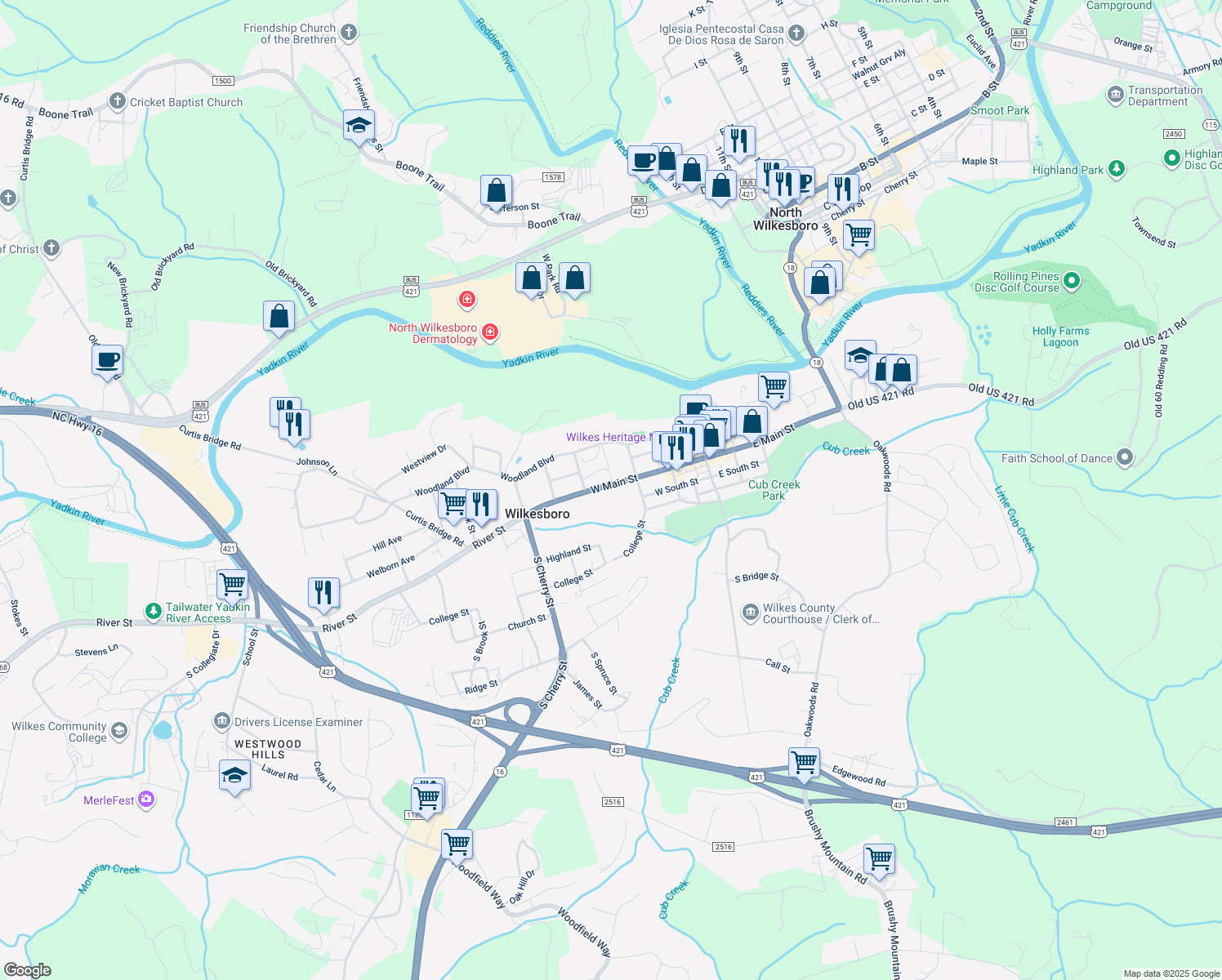 map of restaurants, bars, coffee shops, grocery stores, and more near 301 W Main St in Wilkesboro