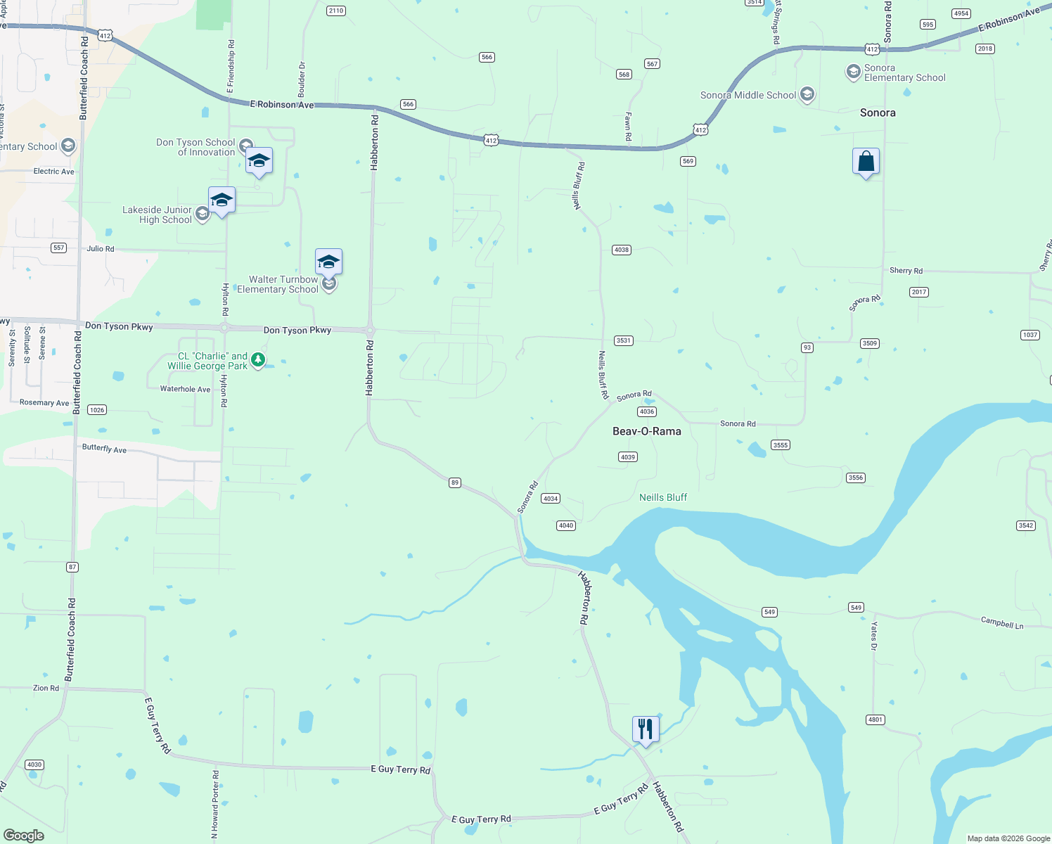 map of restaurants, bars, coffee shops, grocery stores, and more near 19029 Sonora Road in Springdale