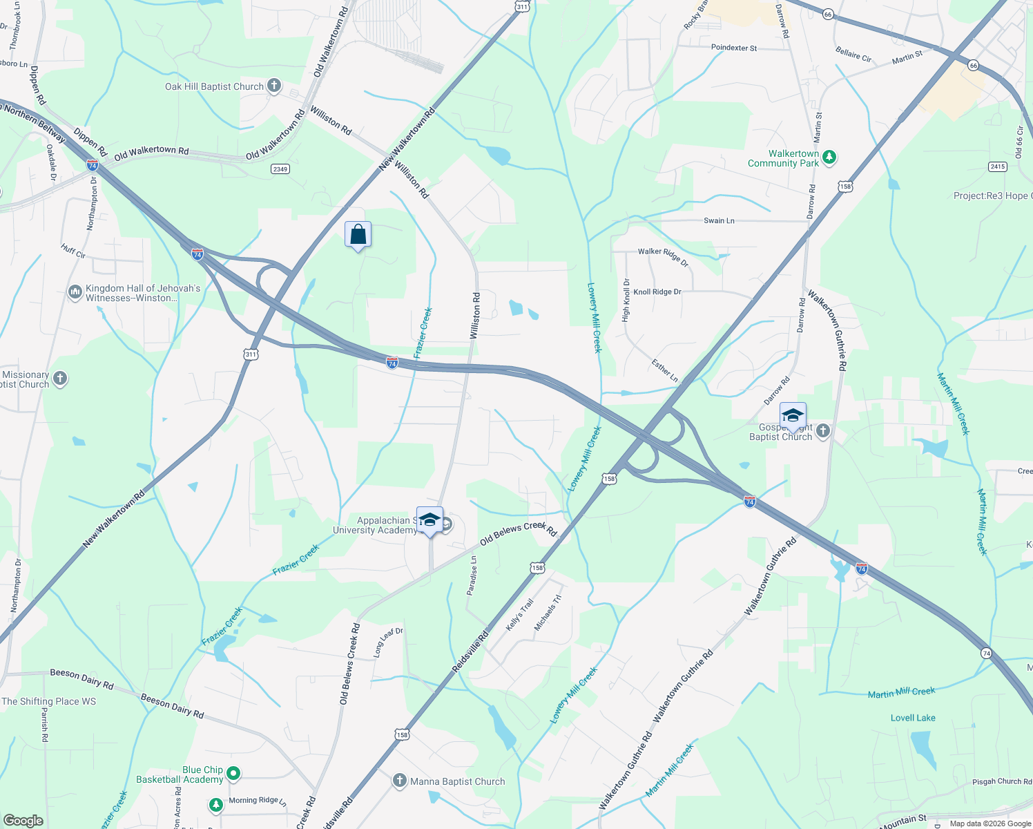 map of restaurants, bars, coffee shops, grocery stores, and more near 4719 Sudsbee Ln in Walkertown