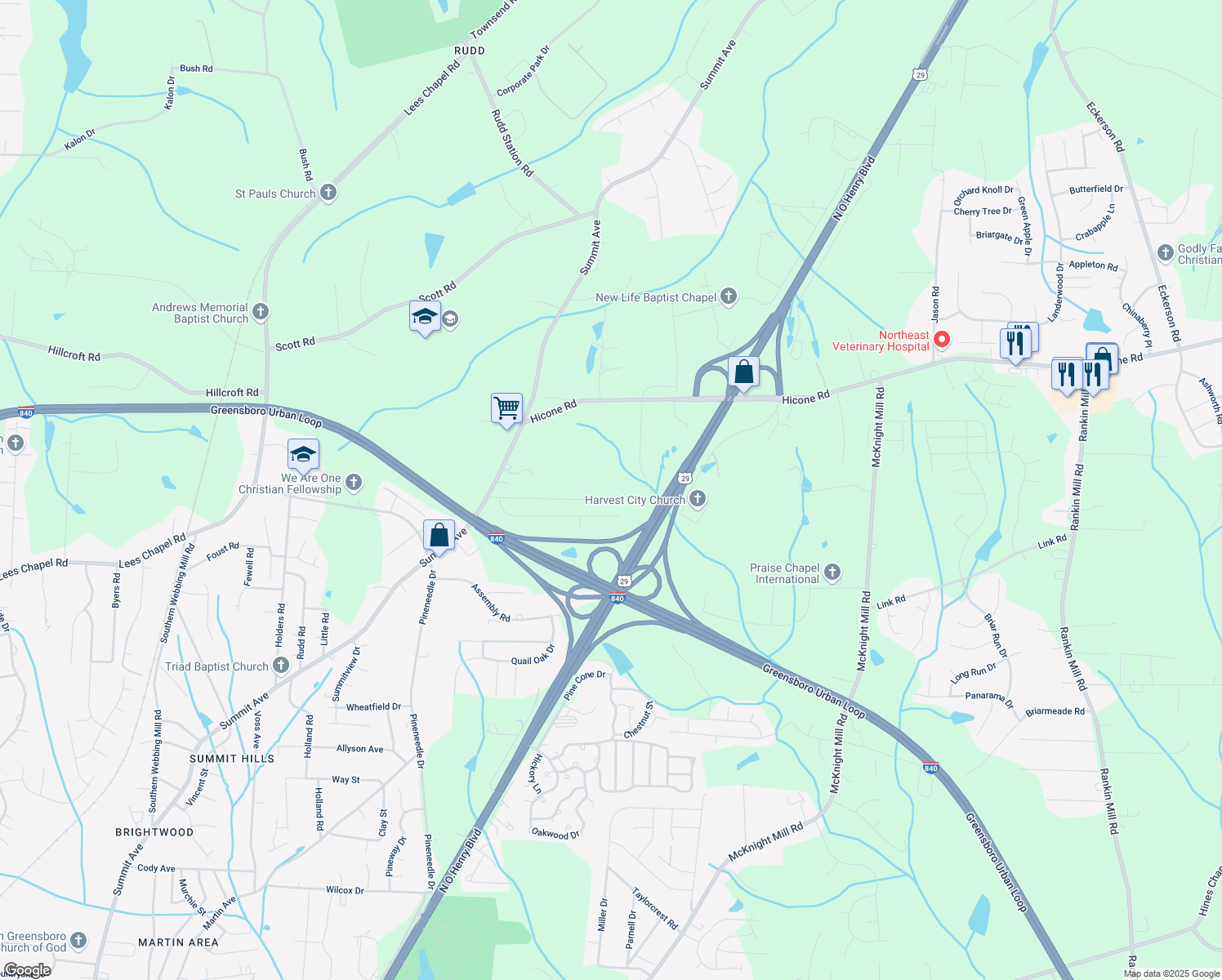 map of restaurants, bars, coffee shops, grocery stores, and more near 2809 Candlenut Rd in Greensboro