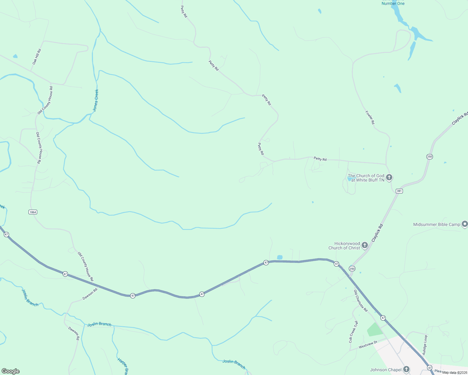 map of restaurants, bars, coffee shops, grocery stores, and more near O Petty Road in White Bluff