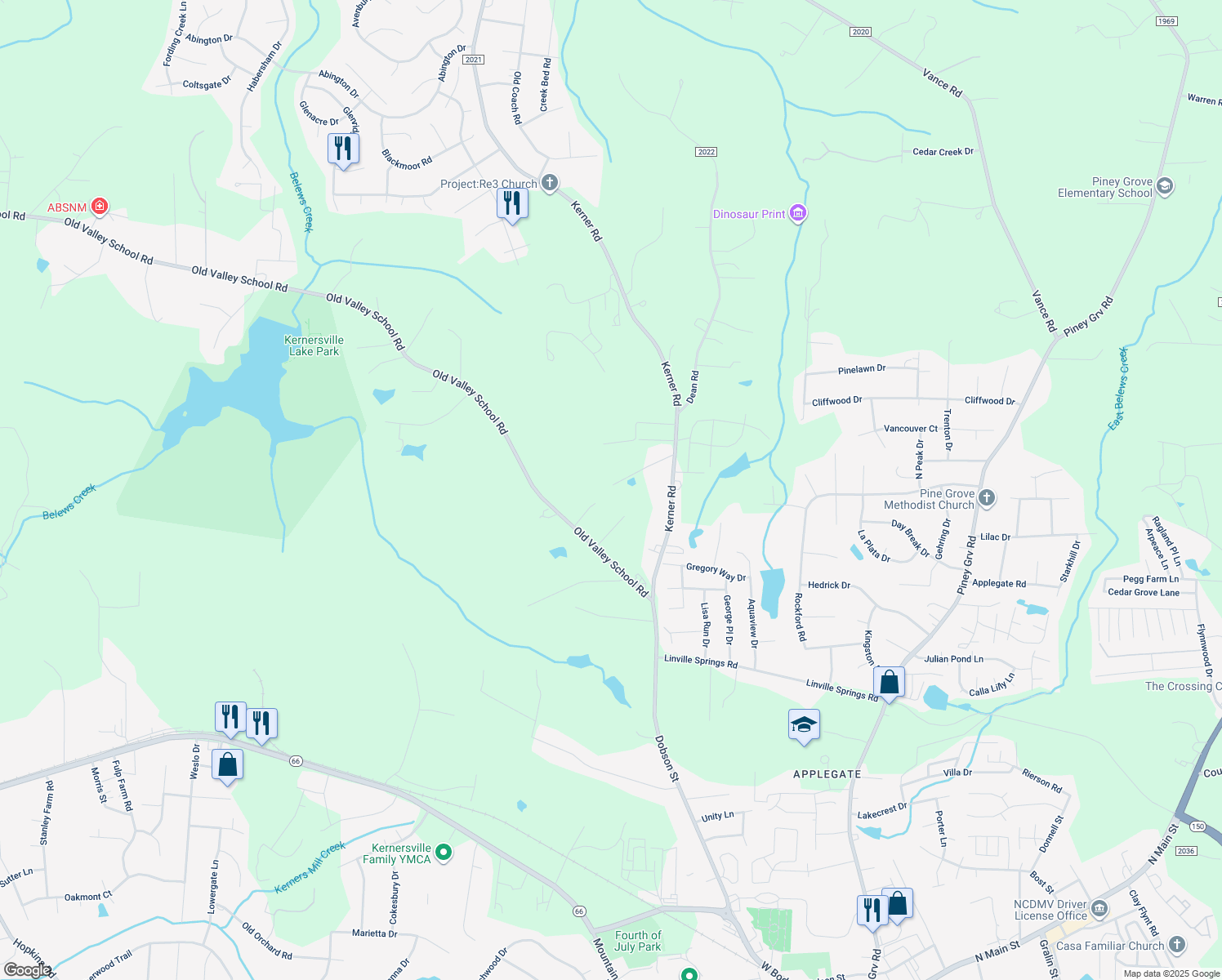 map of restaurants, bars, coffee shops, grocery stores, and more near 1114 Parry View Lane in Kernersville