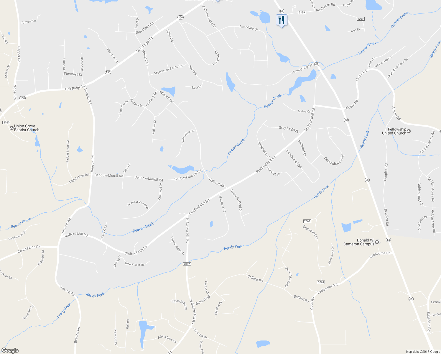 map of restaurants, bars, coffee shops, grocery stores, and more near 8296 Stafford Mill Road in Oak Ridge
