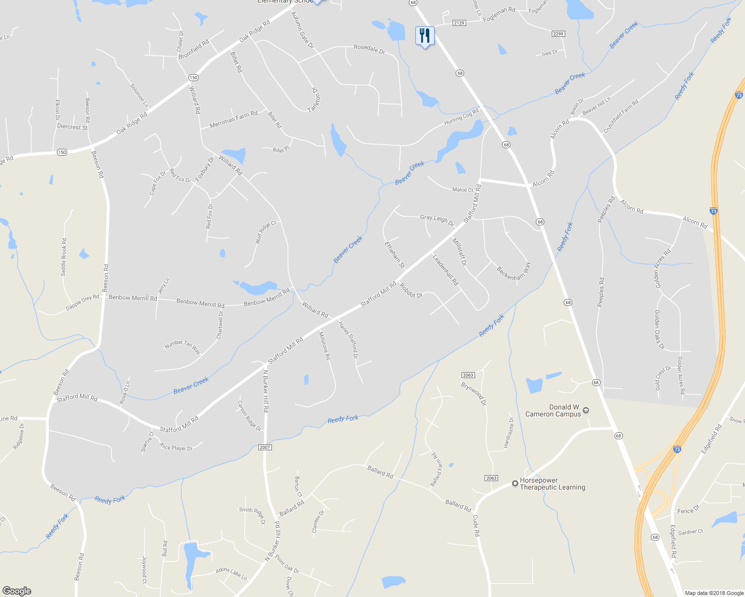 map of restaurants, bars, coffee shops, grocery stores, and more near 8284 Stafford Mill Road in Oak Ridge