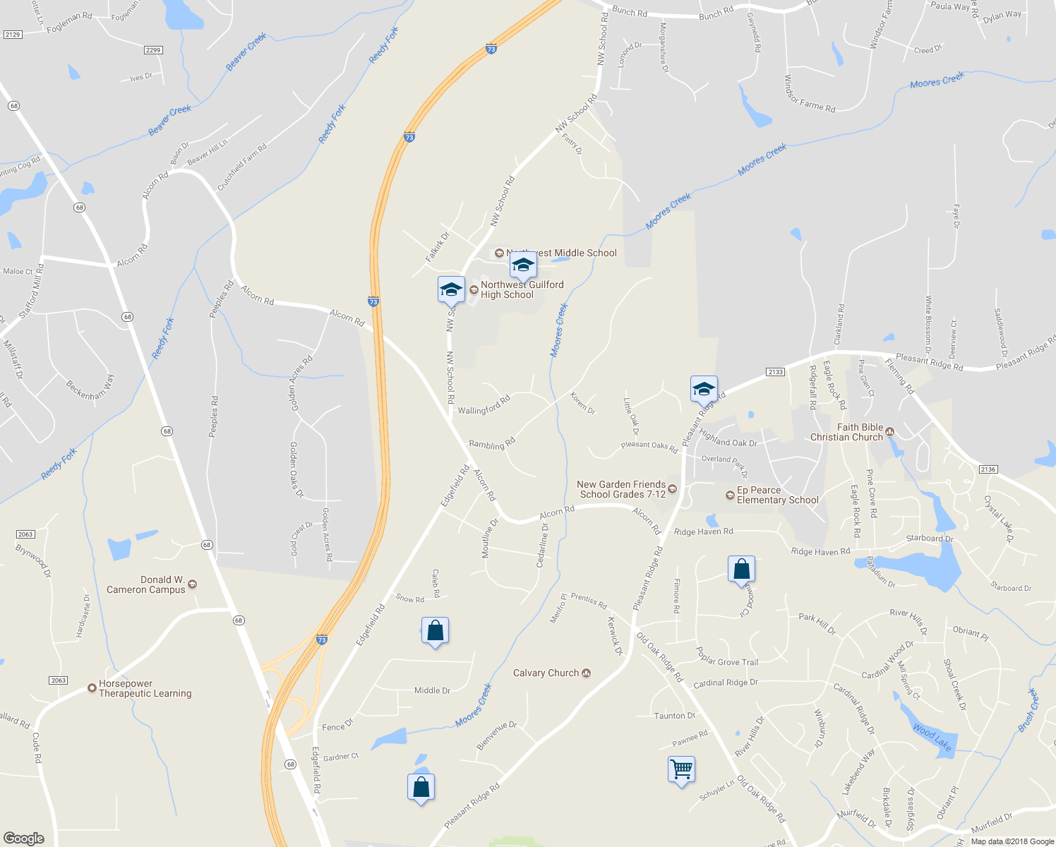 map of restaurants, bars, coffee shops, grocery stores, and more near 5203 Rambling Road in Greensboro