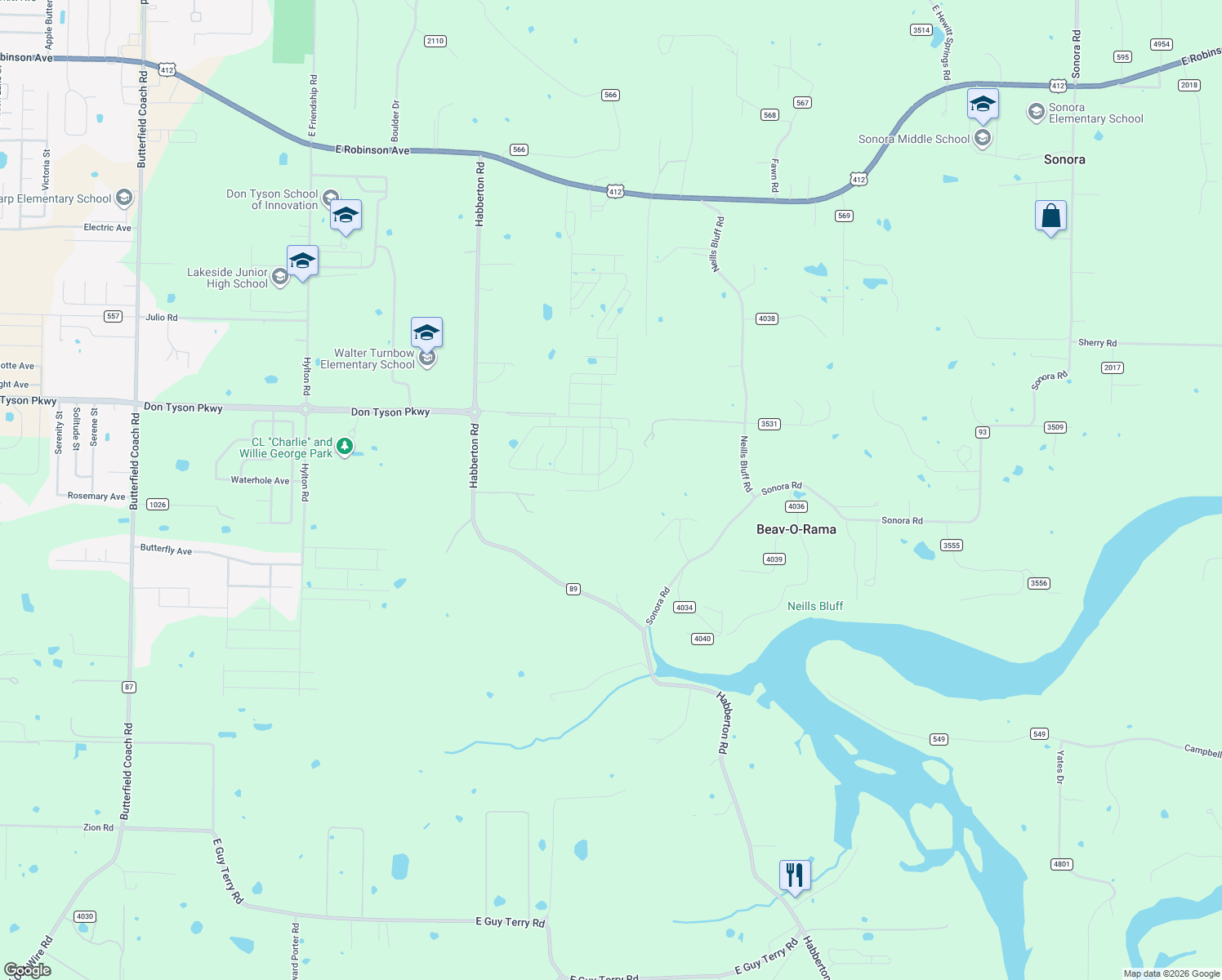 map of restaurants, bars, coffee shops, grocery stores, and more near 19029 Sonora Road in Springdale