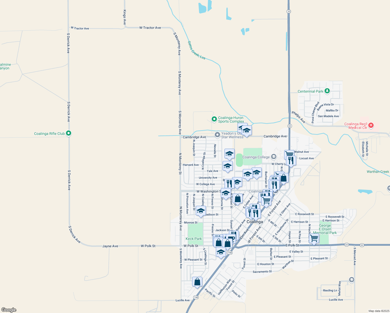 map of restaurants, bars, coffee shops, grocery stores, and more near 1304 North Joaquin Street in Coalinga