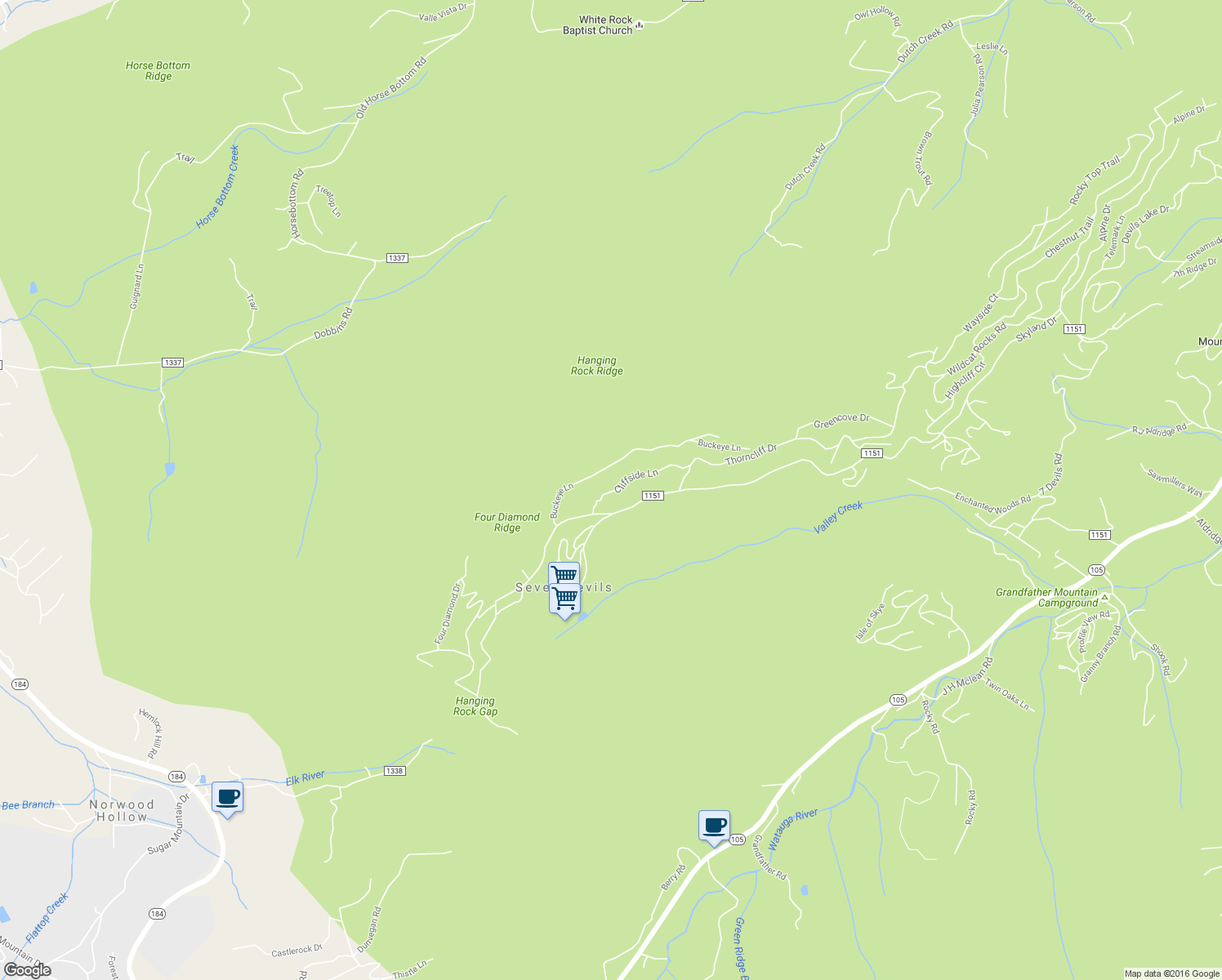 map of restaurants, bars, coffee shops, grocery stores, and more near 127 Cliffside Lane in Seven Devils