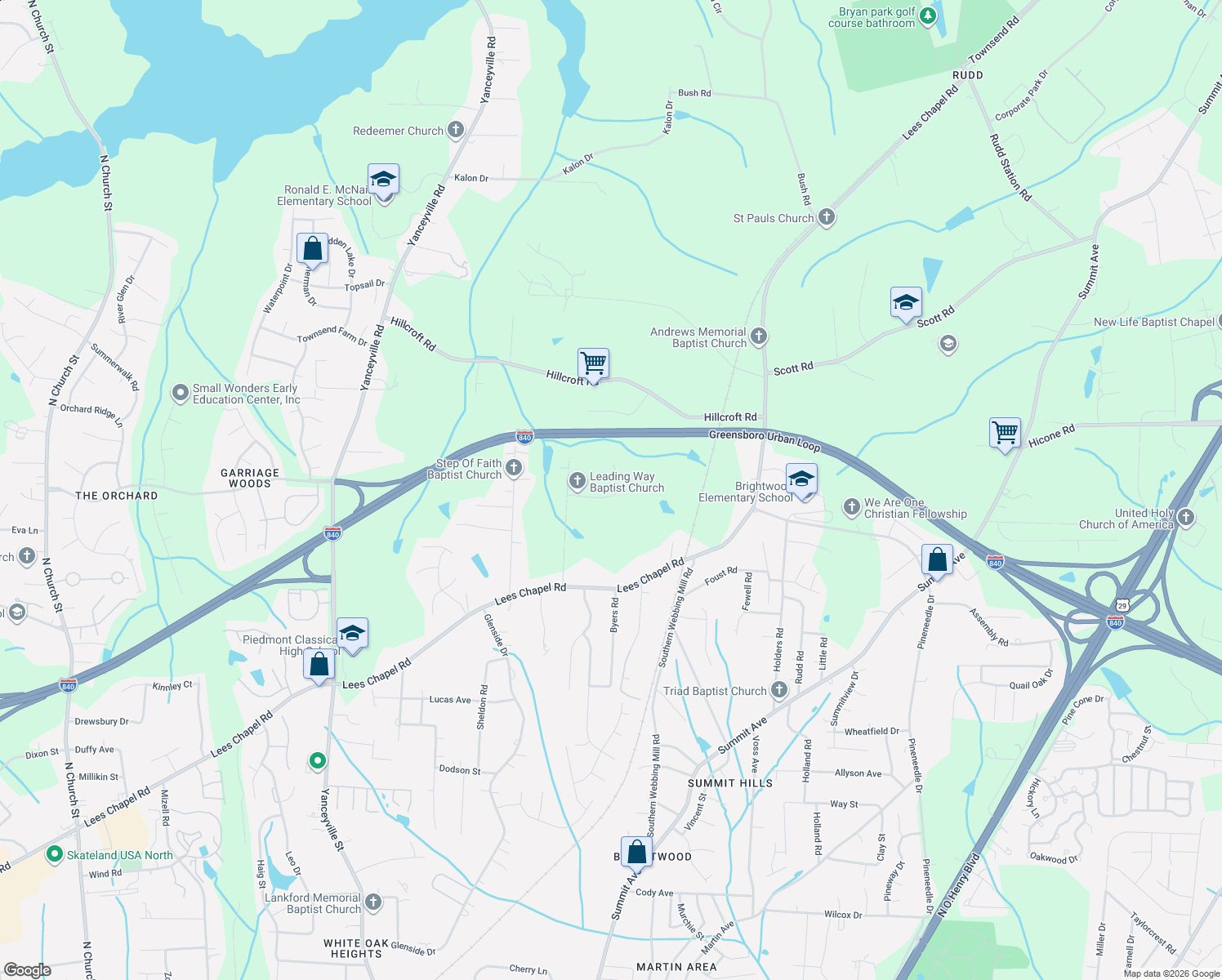 map of restaurants, bars, coffee shops, grocery stores, and more near 5100 Minnow Road in Greensboro