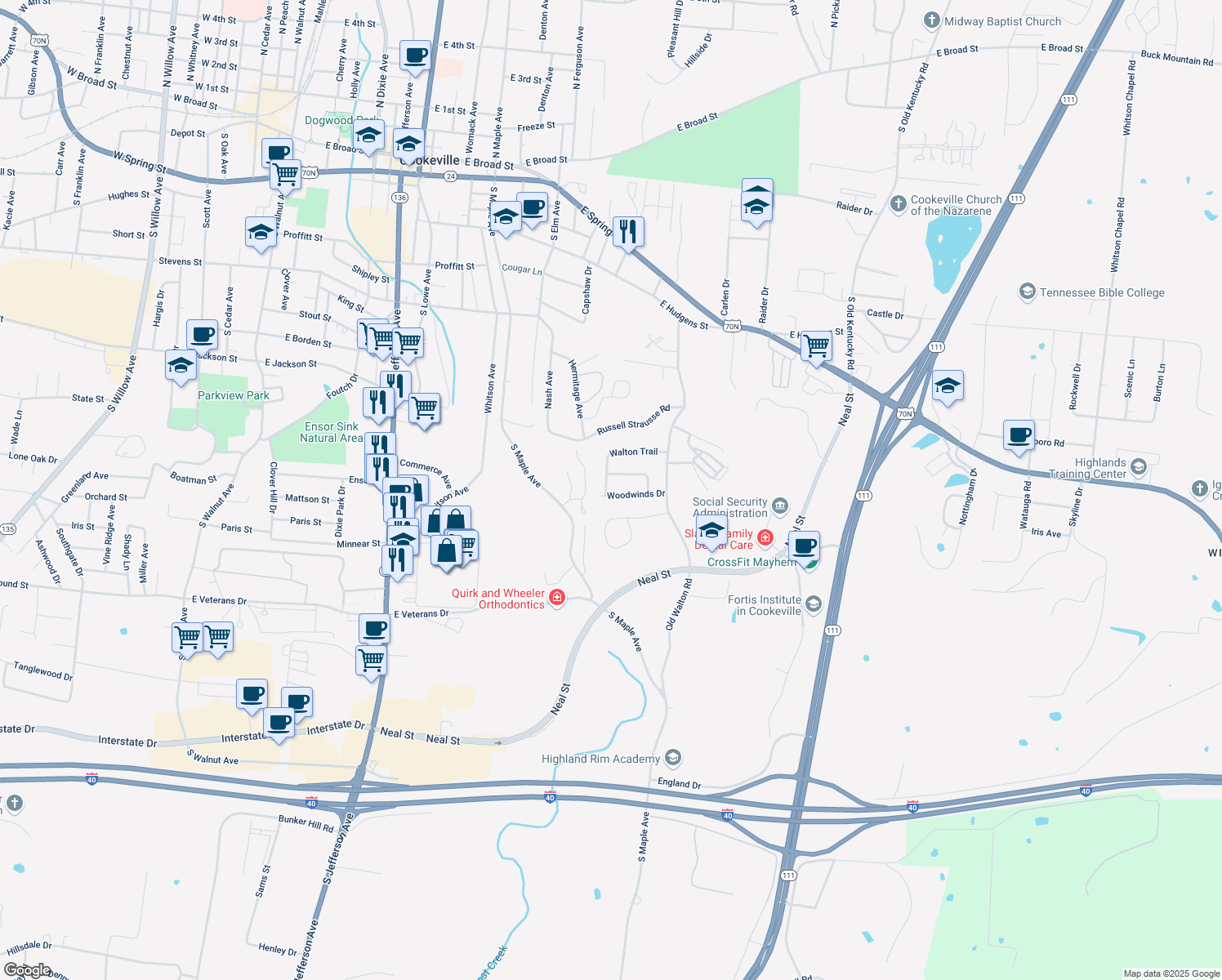 map of restaurants, bars, coffee shops, grocery stores, and more near 885 Walton Trail in Cookeville