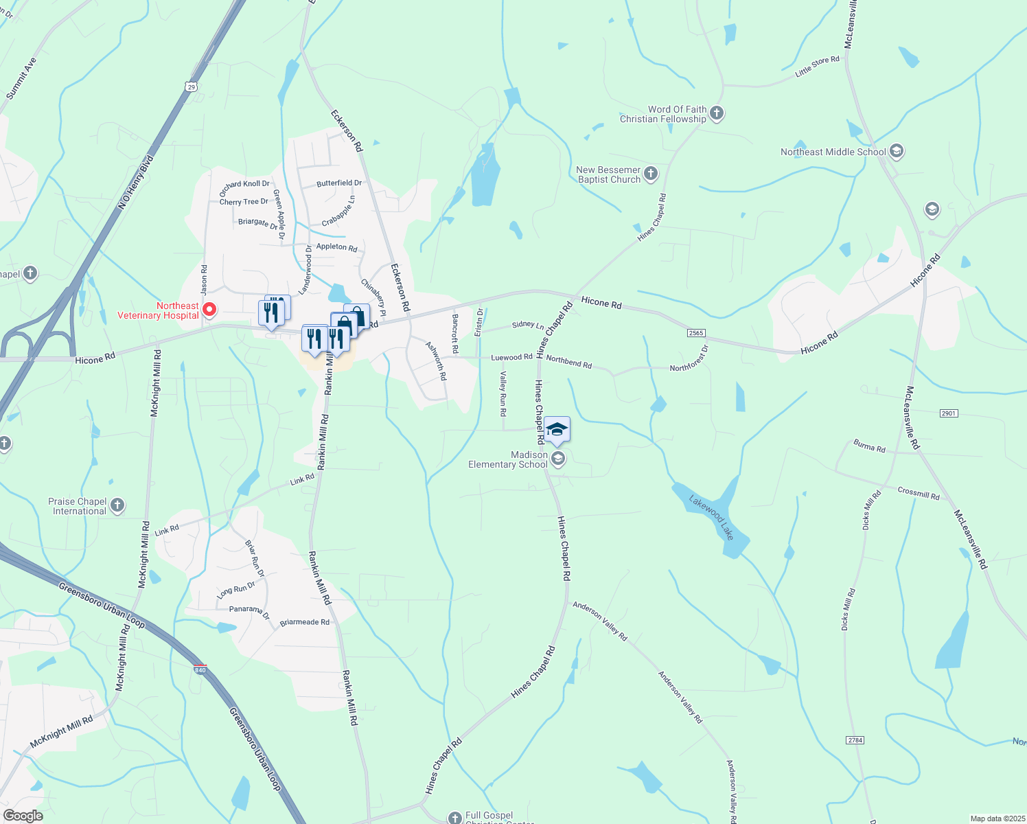 map of restaurants, bars, coffee shops, grocery stores, and more near 5104 Valley Run Road in McLeansville