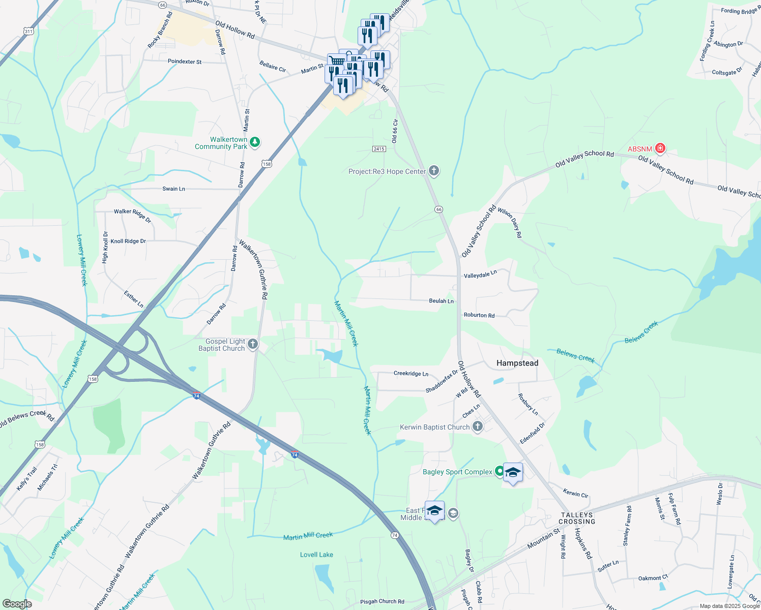 map of restaurants, bars, coffee shops, grocery stores, and more near 5117 Beulah Ln in Kernersville
