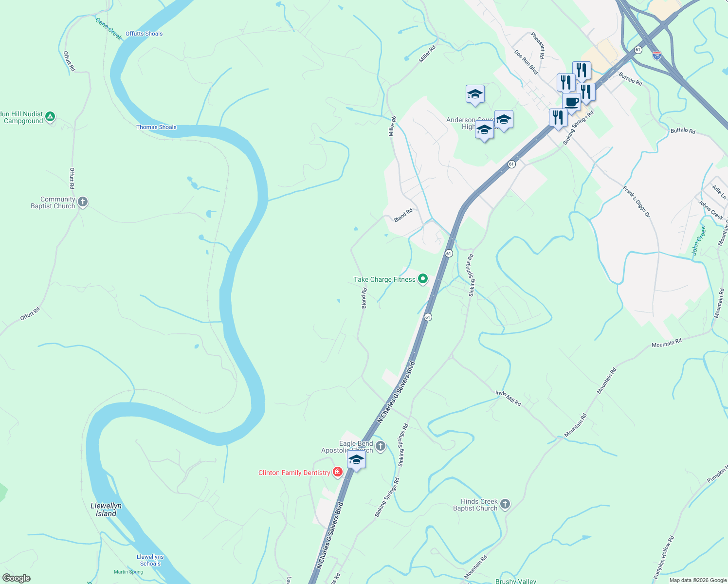 map of restaurants, bars, coffee shops, grocery stores, and more near 338 Bland Road in Clinton