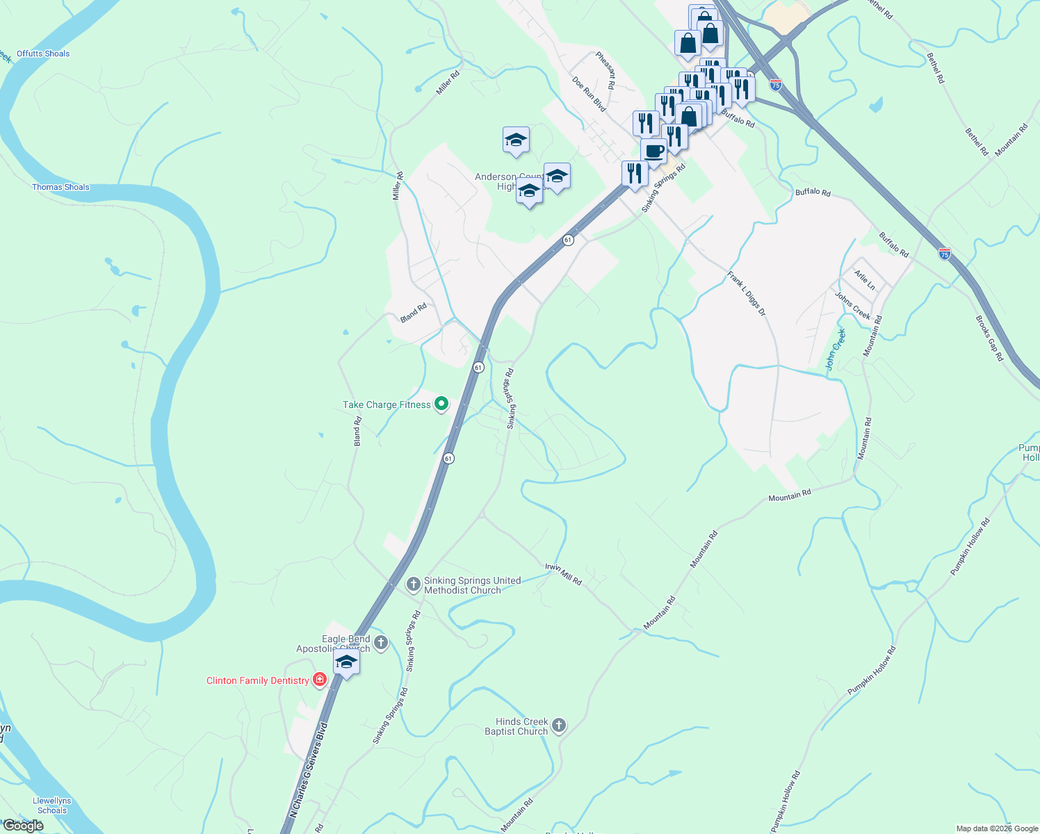 map of restaurants, bars, coffee shops, grocery stores, and more near 672 Sinking Springs Road in Clinton