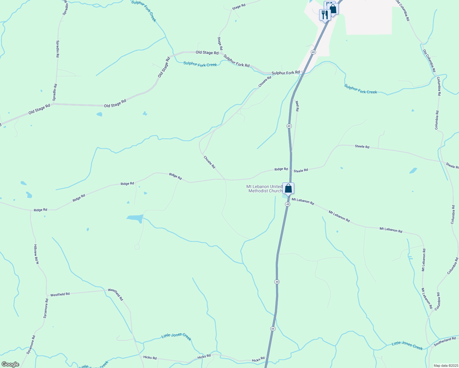 map of restaurants, bars, coffee shops, grocery stores, and more near 1904 Ridge Road in Dickson
