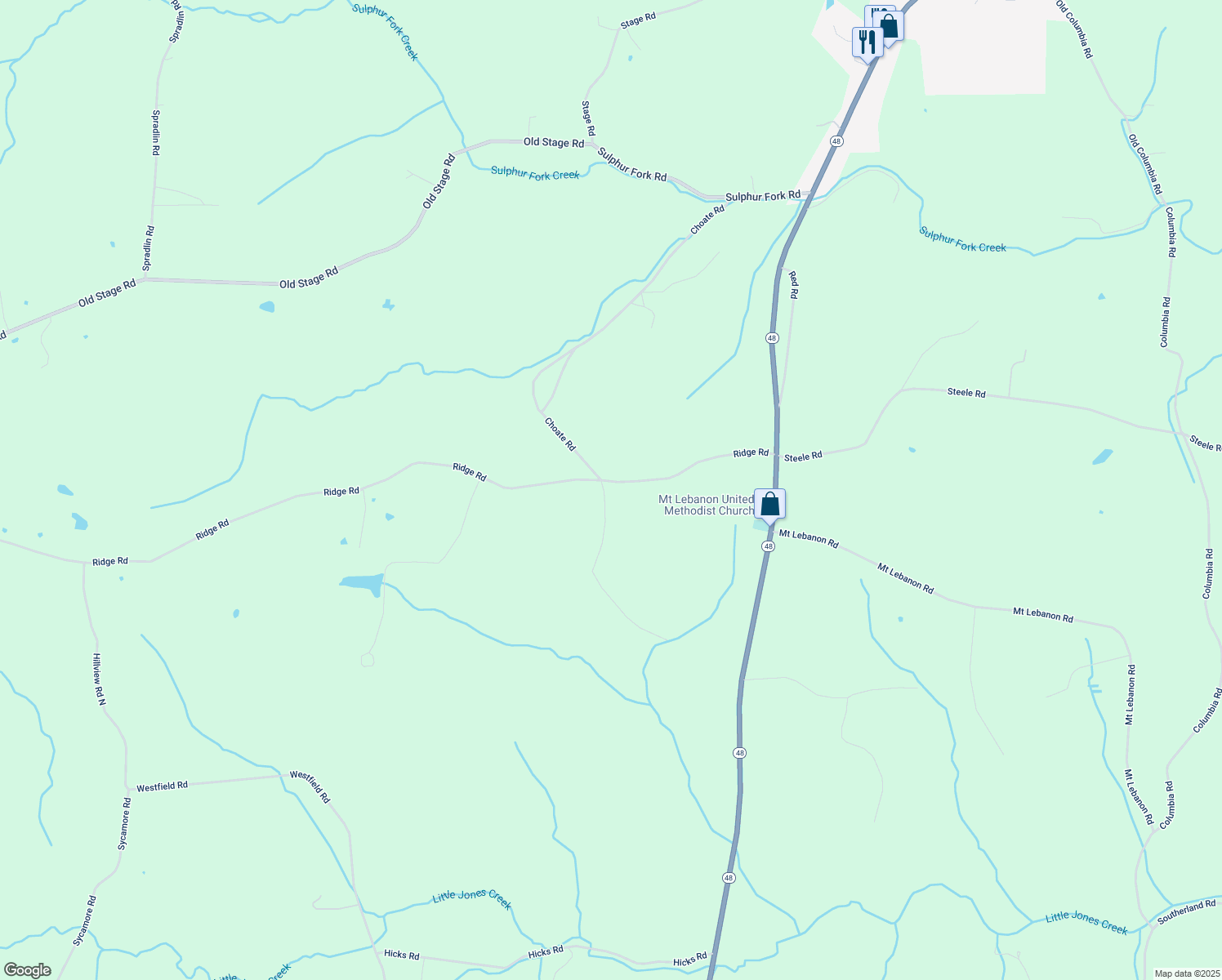 map of restaurants, bars, coffee shops, grocery stores, and more near 1904 Ridge Road in Dickson